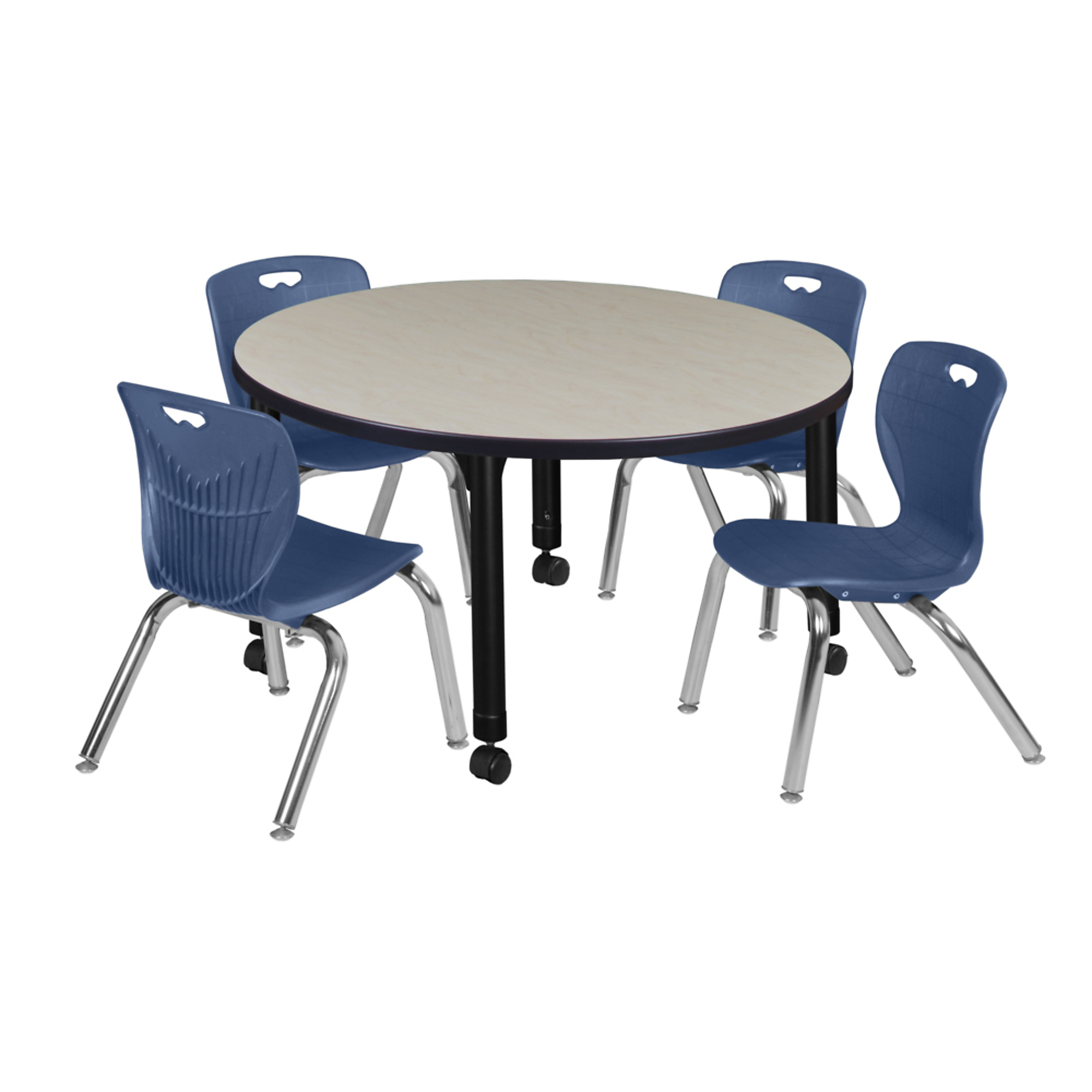 Regency Kee Round Adjustable Classroom Table with Maple Top and 4 Andy Stack Chairs — 36in., Navy Blue, Model# TB36RNDPLAPCBK45NV