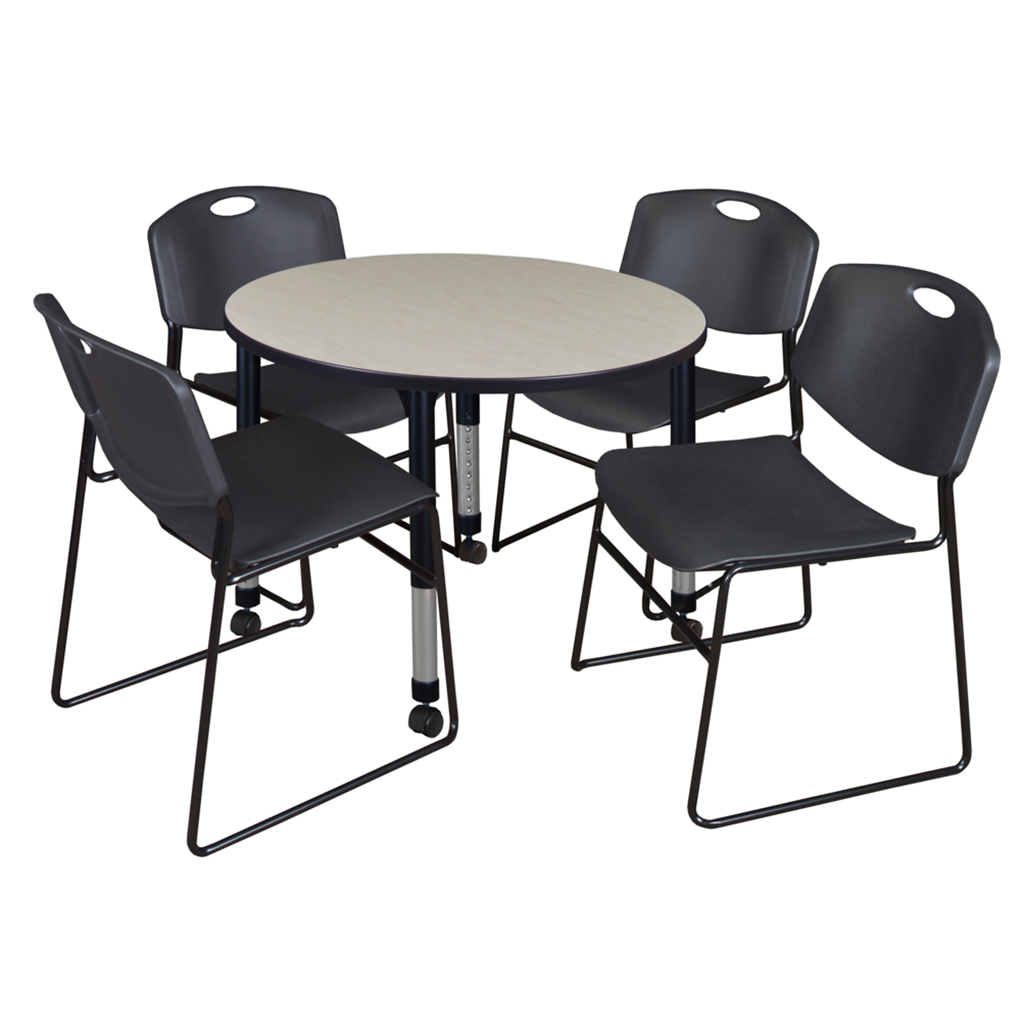 Regency Kee Mobile Adjustable Classroom Table with 4 Zeng Stack Chairs — 36in. Round, Maple/Cherry, Black, Model# TB36RNDPLAPCBK44BK