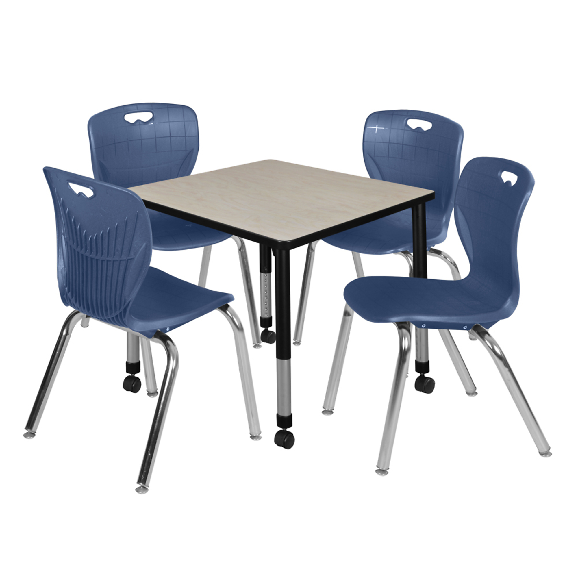 Regency Kee Mobile Adjustable Classroom Table Set — 30in. Square Table, Maple/Cherry, 4 Navy Blue 18in. Stack Chairs, Model# TB3030PLAPCBK40NV