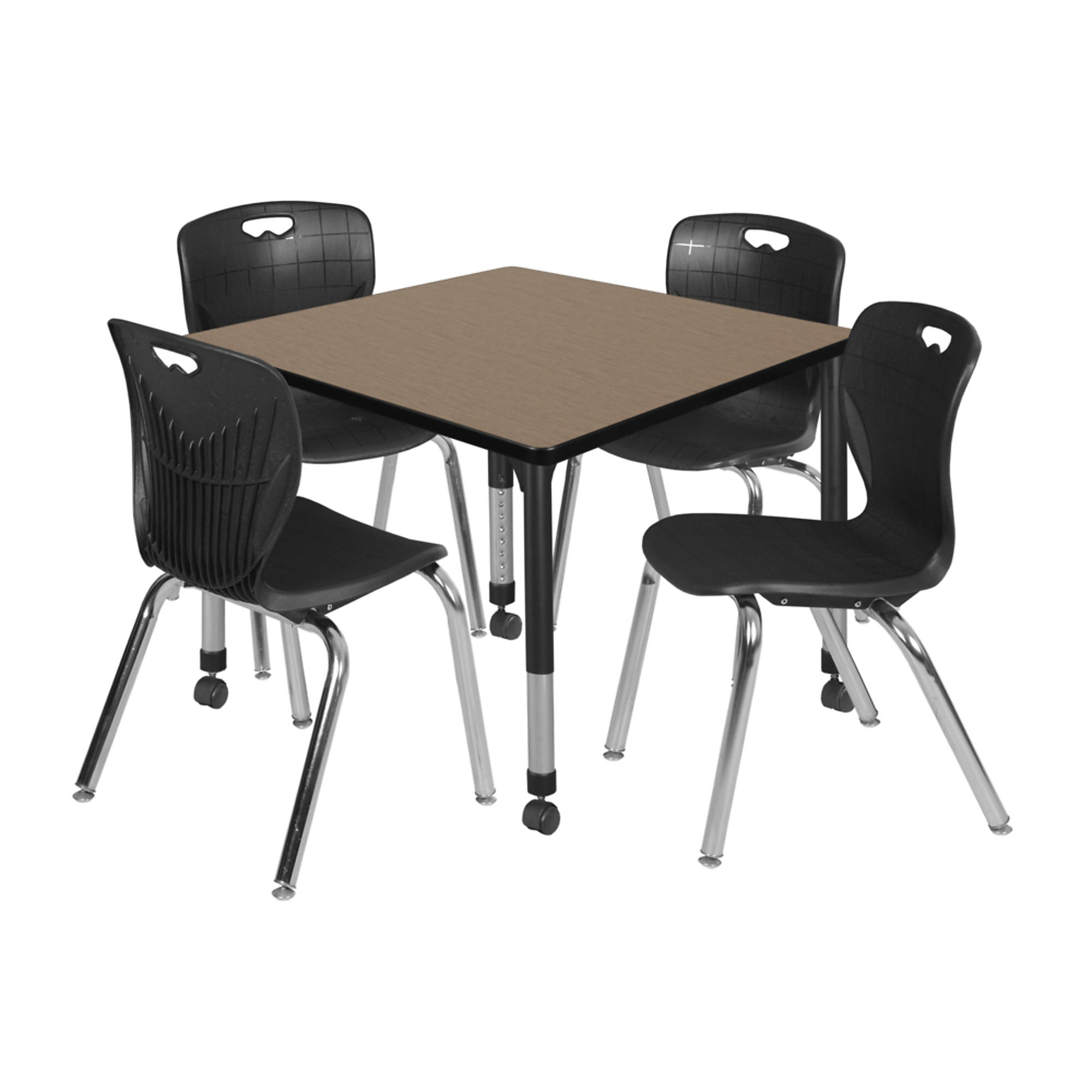 Regency Kee Mobile Adjustable Classroom Table — 42in. Square, Noble Oak Top, Black Base & 4 Andy 18in. Black Stack Chairs, Model# TB4242NOAPCBK40BK