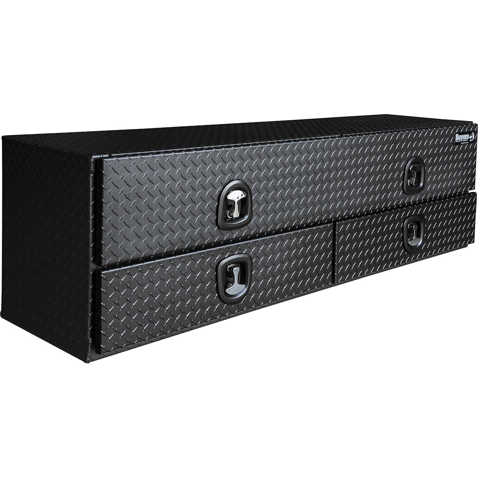 Buyers Products 21x18x90 Inch Textured Matte Black Diamond Tread Aluminum Heavy-Duty Flatbed Contractor With Lower Drawers ,Model# 1722688