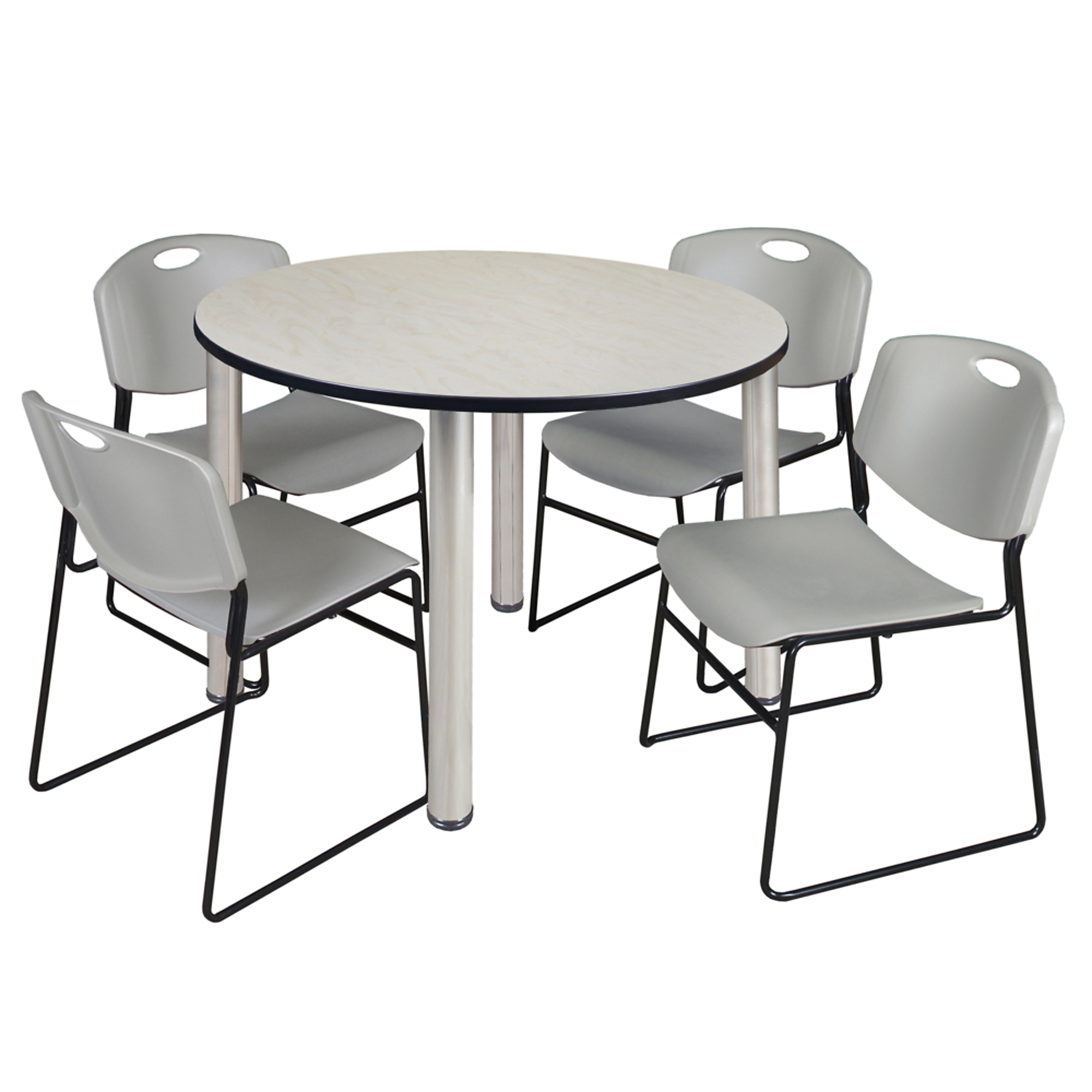 Regency Kee Round Breakroom Table with Maple Top and Chrome Legs — 48in., Includes 4 Grey Zeng Stack Chairs, Model# TB48RNDPLBPCM44GY