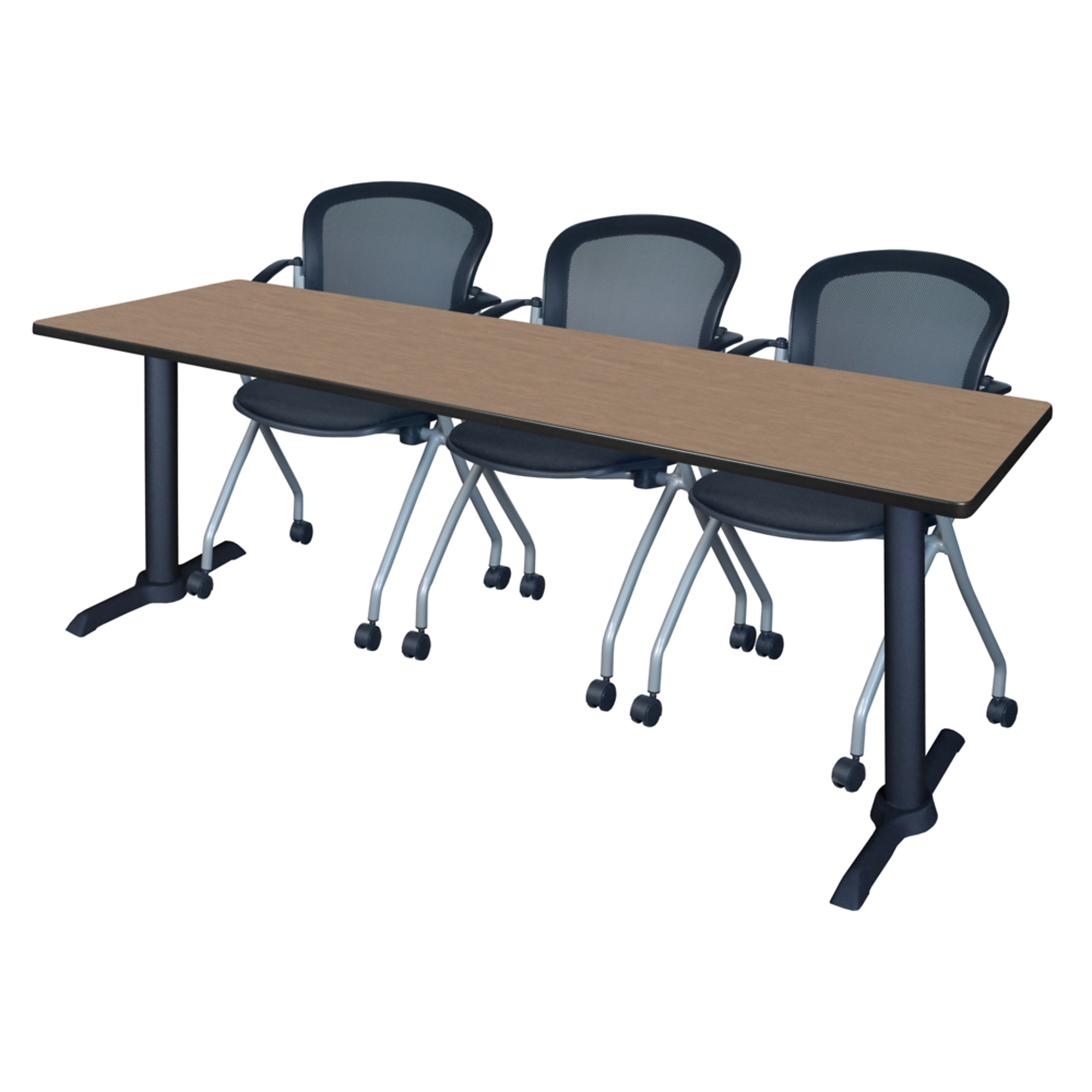 Regency Cain Training Seminar Table with 3 Cadence Nesting Chairs — 84in. x 24in., Noble Oak, Black T-Base, Model# MTRCT8424NO23BK