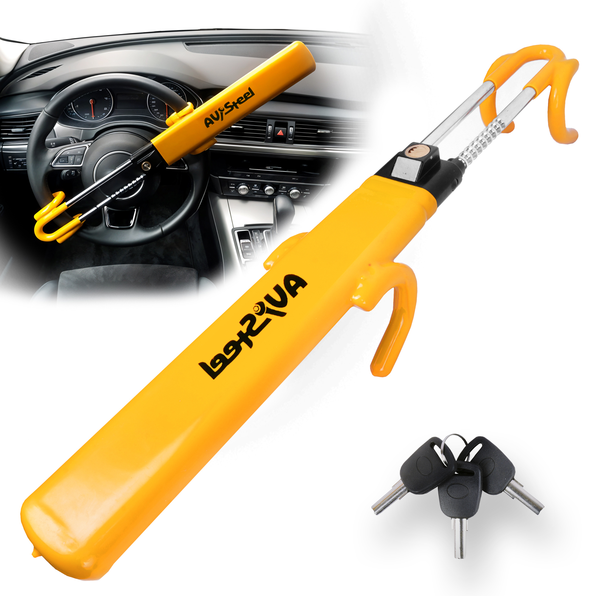 AV Steel Universal Steering Wheel Lock — Double Hook, Adjustable, Anti-Theft, Fits 5.5in. to 12.5in. Dia. Wheels, Model# AV-900101S