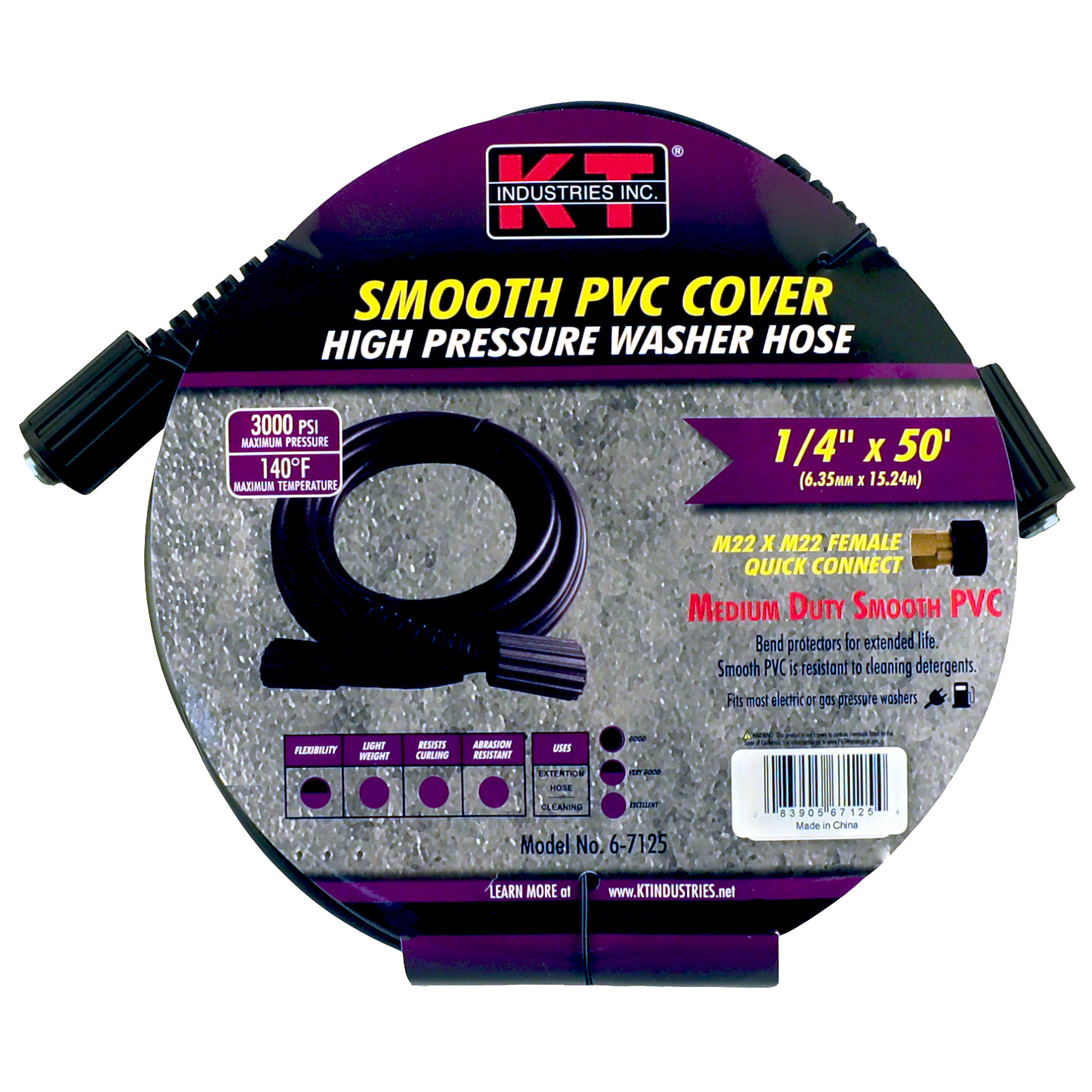 K-T Industries High Pressure Hose — 1/4in. x 50ft., 3000 PSI, M22 Quick Screw Couplings, Model# 6-7125