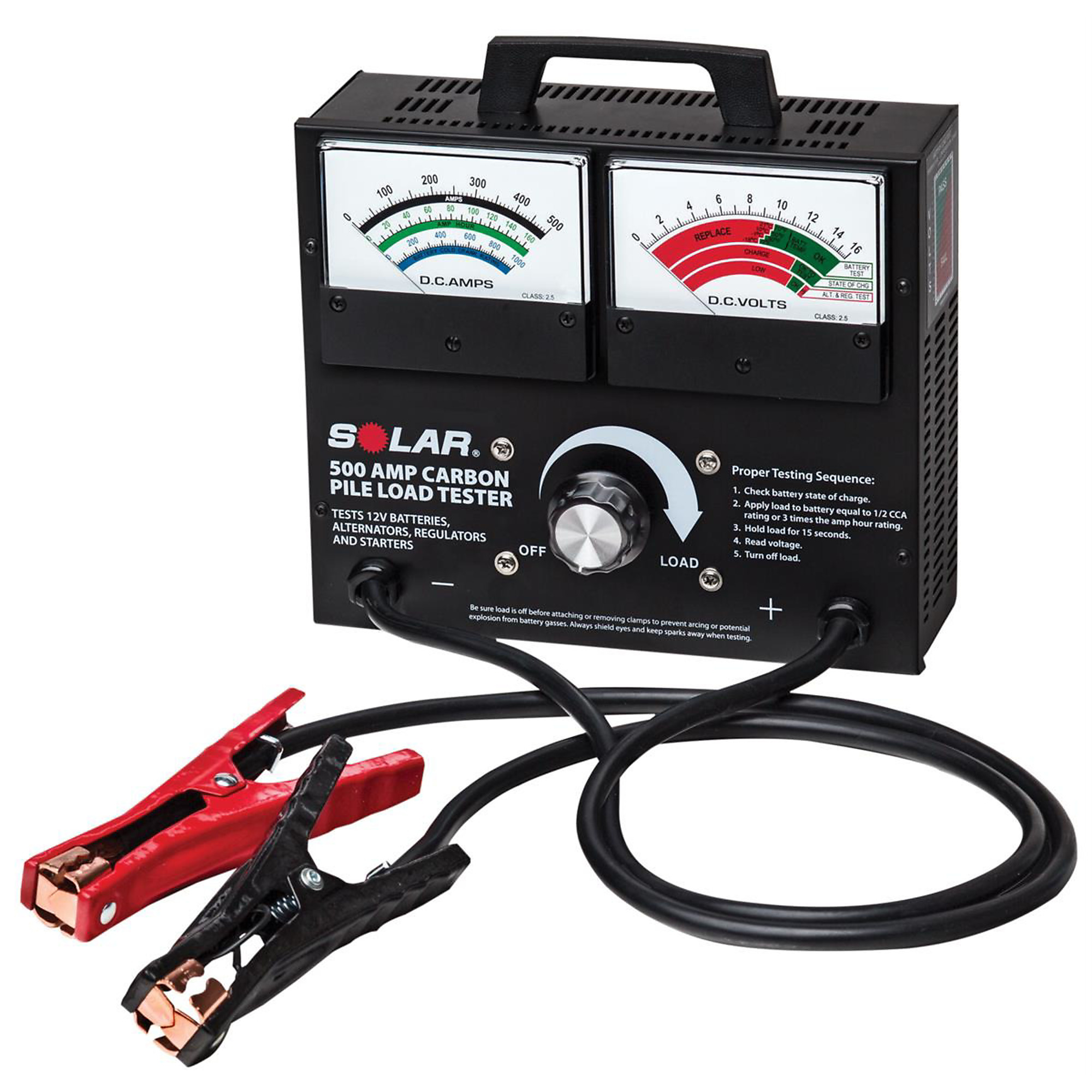 Clore Automotive Solar Carbon Pile Battery Tester — 500 Amps, 12V, Heavy-Duty Clamps, Model# 1874