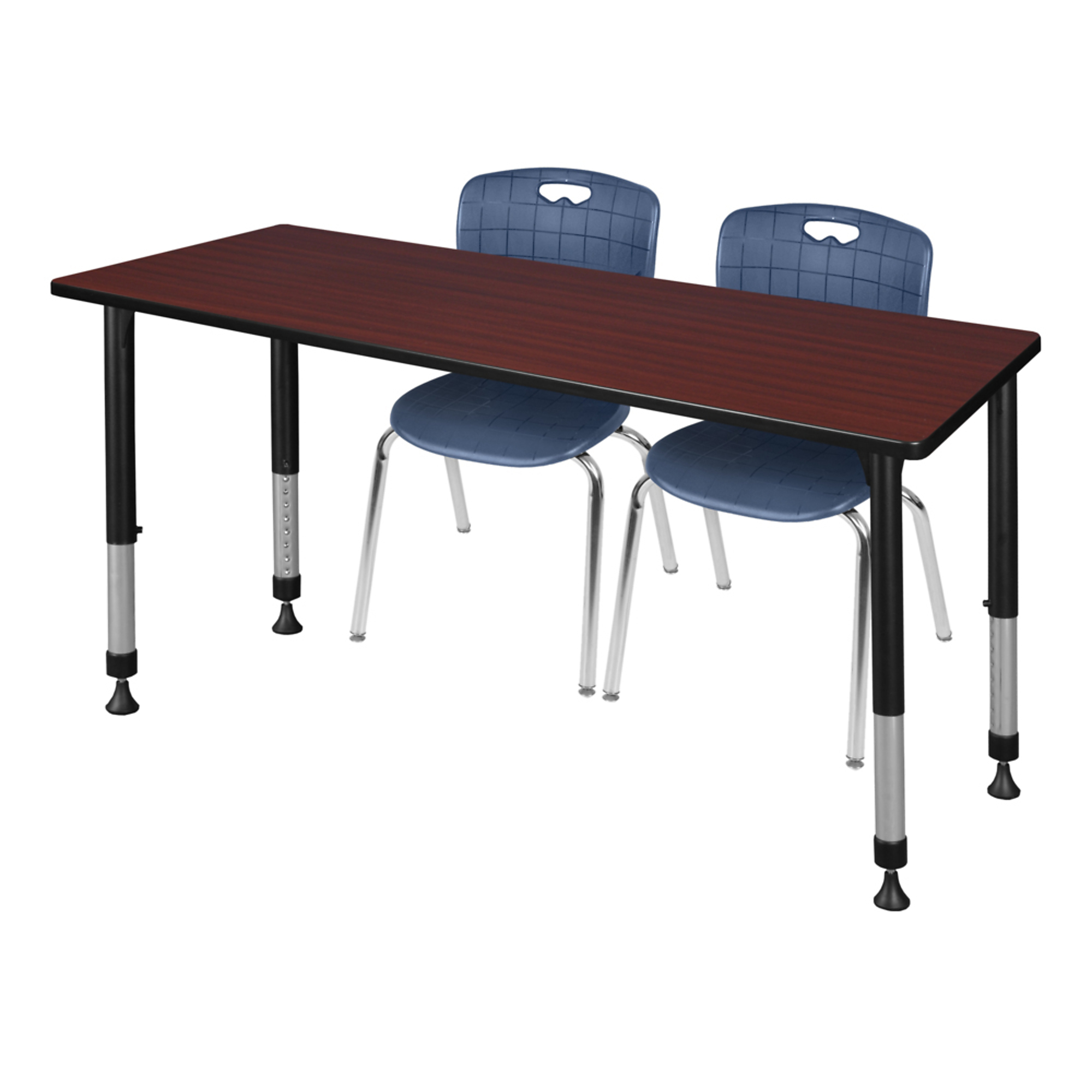 Regency Kee Adjustable Classroom Table and Chairs Set — 66in. x 24in. Mahogany Table, 2 Blue Stack Chairs, Model# MT6624MHAPBK40NV