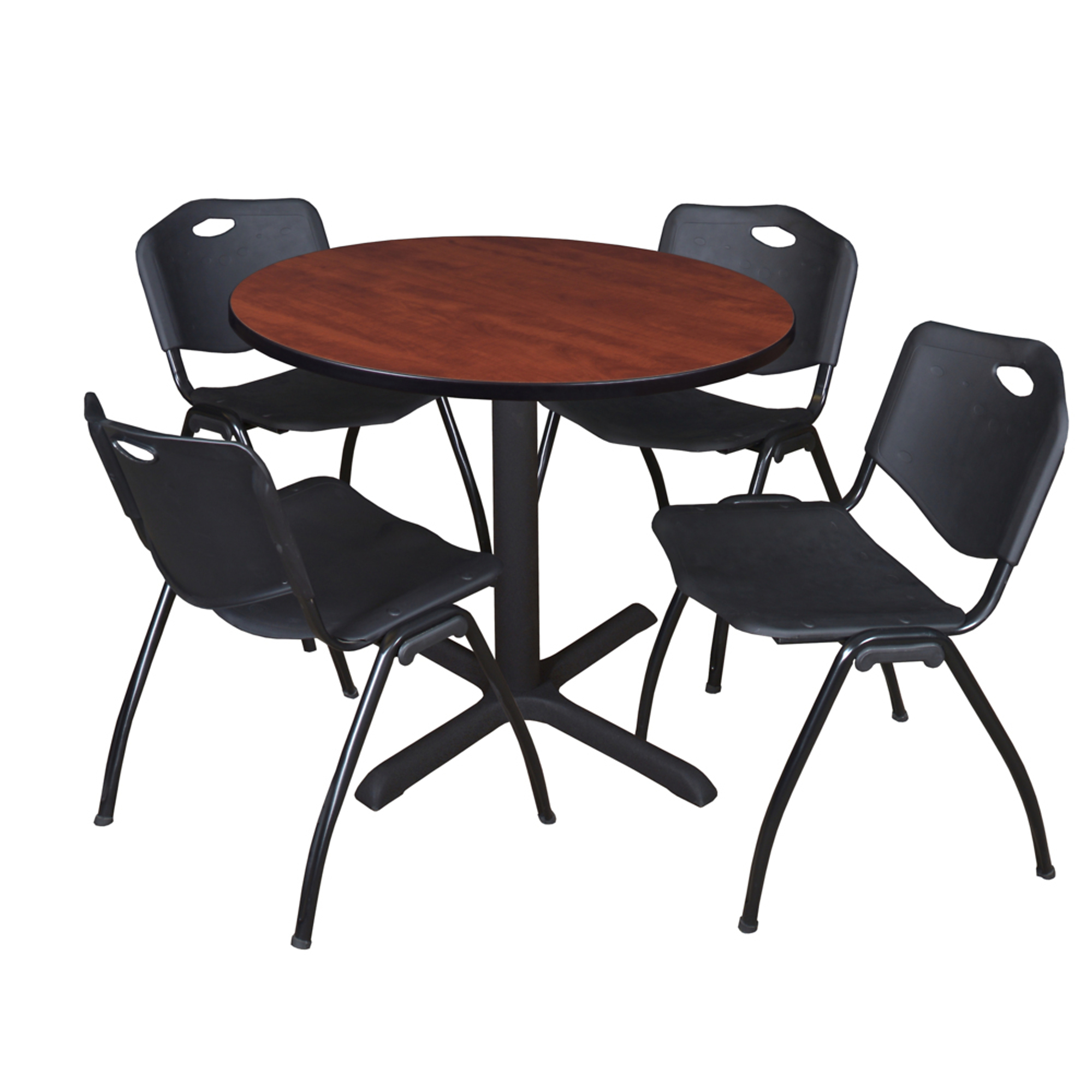 Regency Cain Round Breakroom Table with X-Base and 4 M Stack Chairs — 42in., Cherry/Black, Model# TB42RNDCH47BK