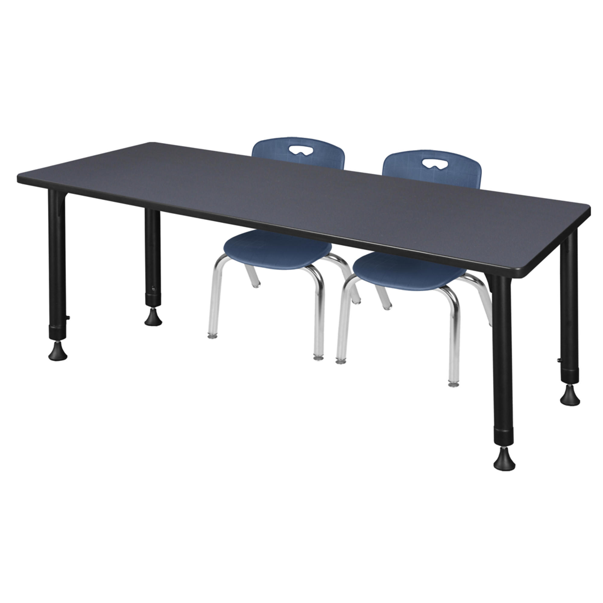 Regency Kee Adjustable Classroom Table — 60in. x 30in., Grey, Includes 2 Navy Blue Andy 12in. Stack Chairs, Model# MT6030GYAPBK45NV