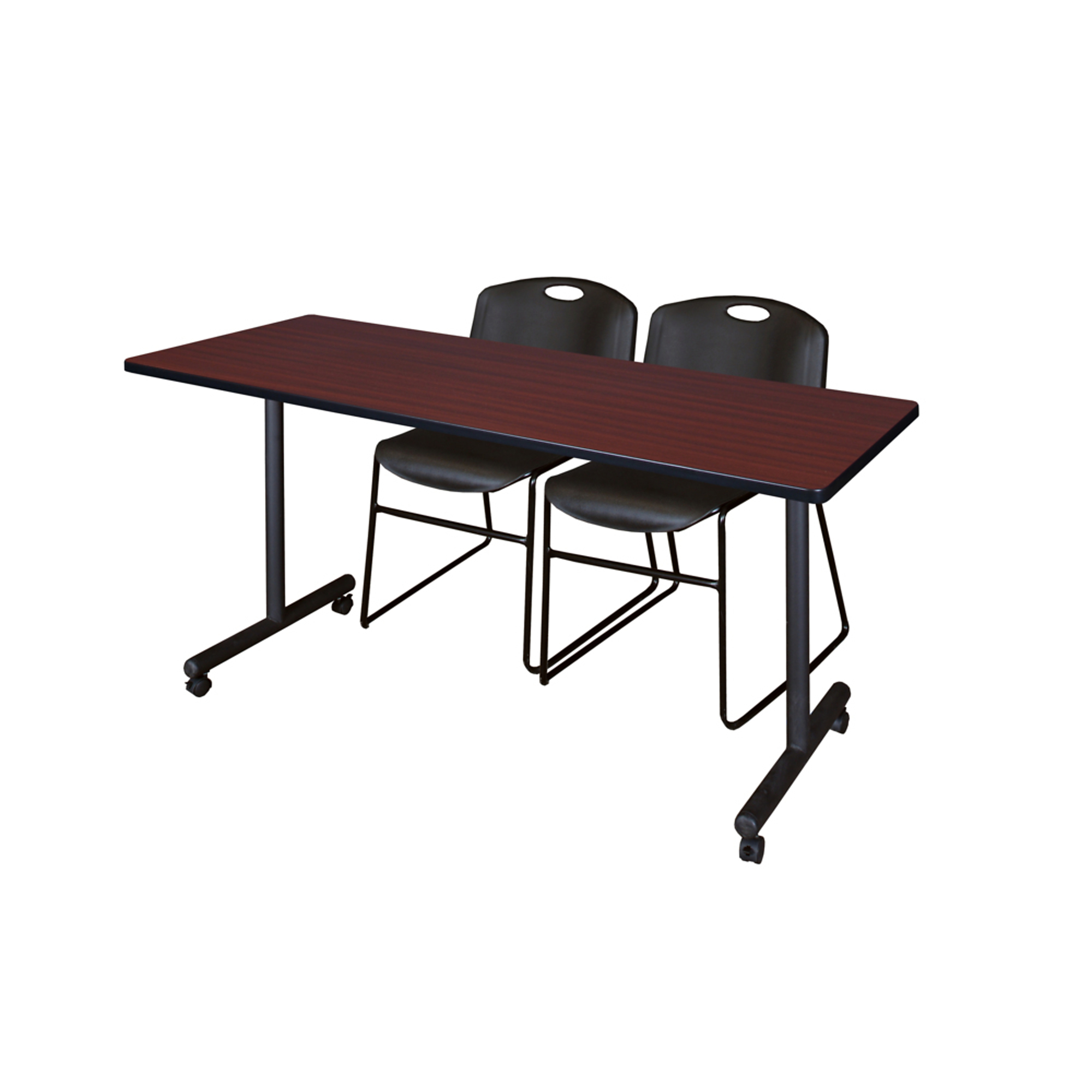 Regency Kobe Mobile T-Base Training Table with 2 Zeng Stack Chairs — 60in. x 24in., Mahogany, Black, Model# MKTRCC6024MH44BK