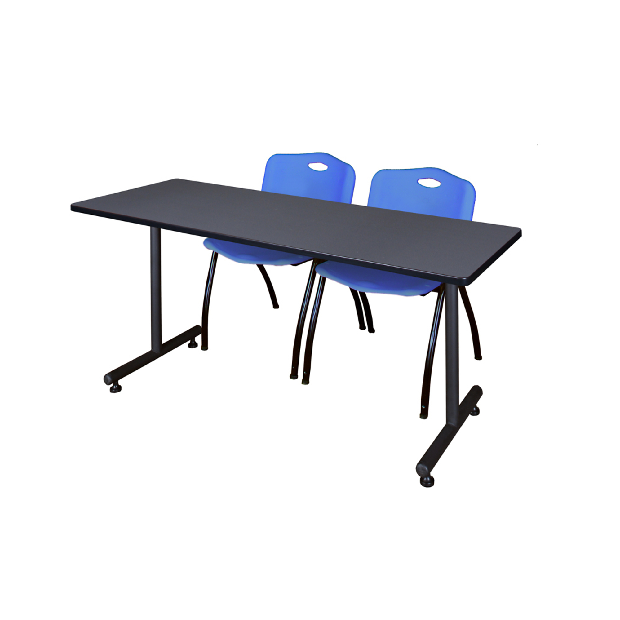 Regency Kobe T-Base Training Seminar Table with 2 M Stack Chairs — 66in. x 30in., Grey, Blue, Model# MKTRCT6630GY47BE