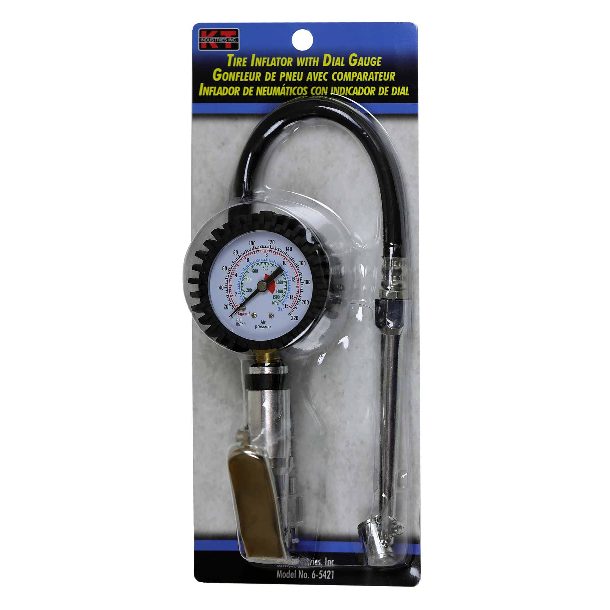 K-T Industries Tire Inflator with Dial Gauge — 10-220 PSI, 6in. Dual Chuck, Rubber Hose, Model# 6-5421
