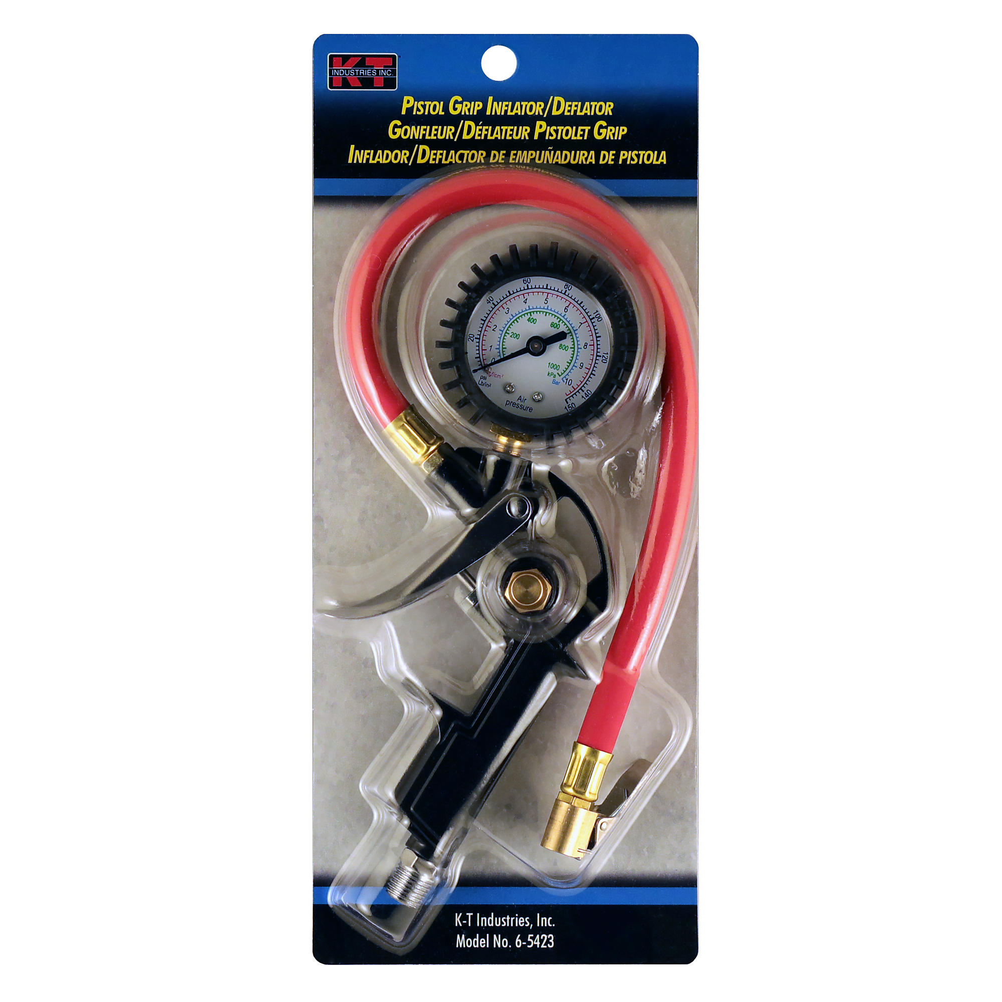 K-T Industries Tire Inflator with Gauge — 2-150 PSI, Brass Valve, Hybrid Hose, Model# 6-5423