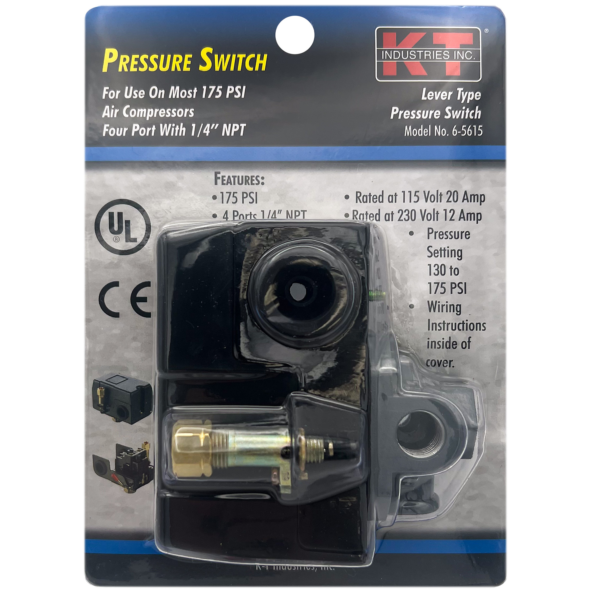 K-T Industries Pressure Switch — 175 PSI, Bend/Lever, 1/4in. NPT, 4-Port, Model# 6-5615