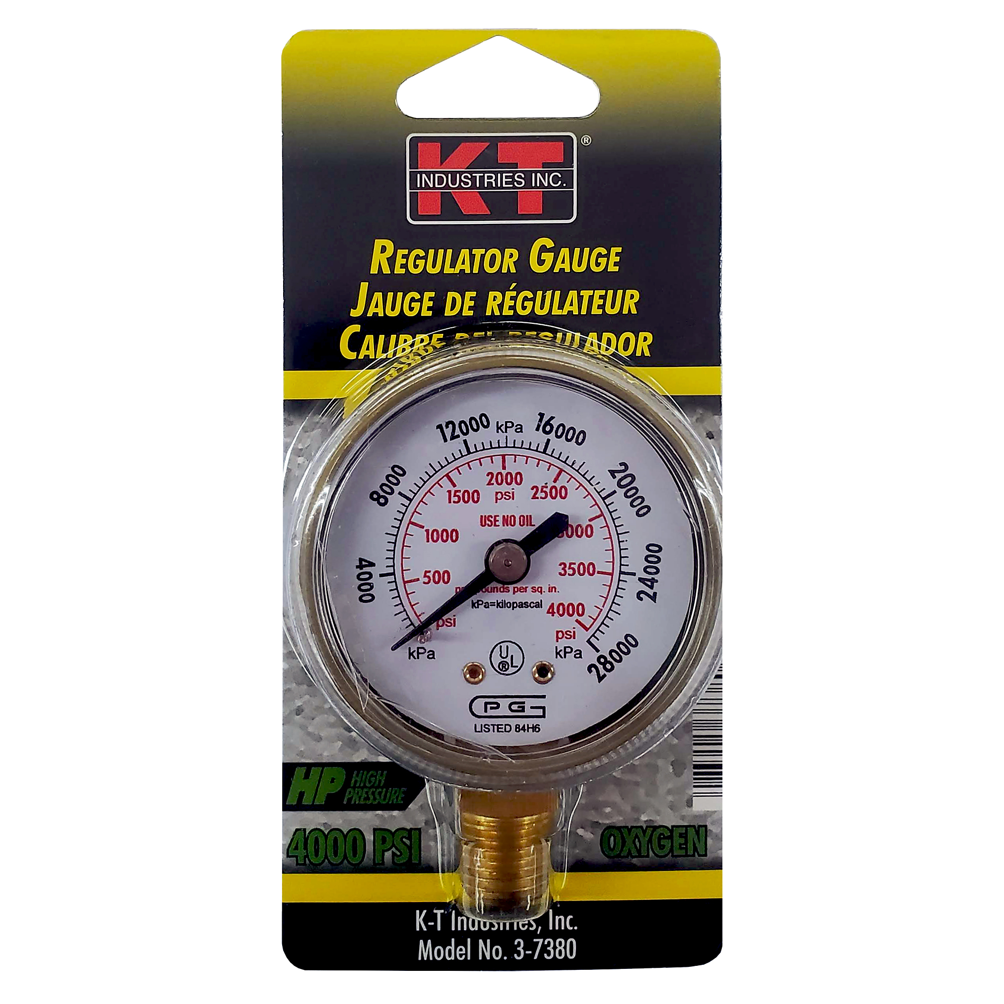K-T Industries Oxygen Pressure Gauge — 4000 Lbs., 1/4in. NPT Inlet, Model# 3-7380