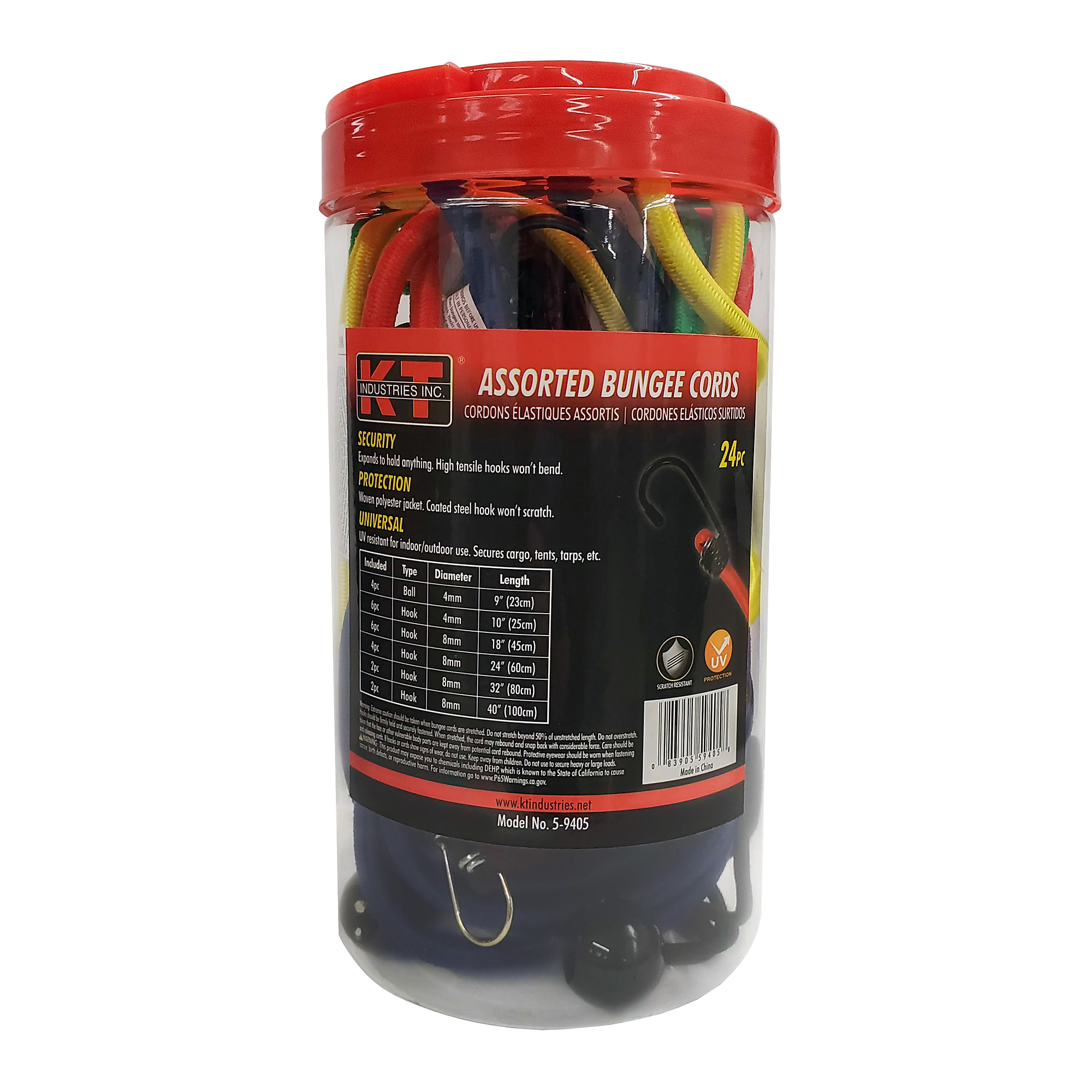 K-T Industries Bungee Cord Assortment — 24 Pcs, UV Resistant, Assorted Colors and Sizes, Model# 5-9405