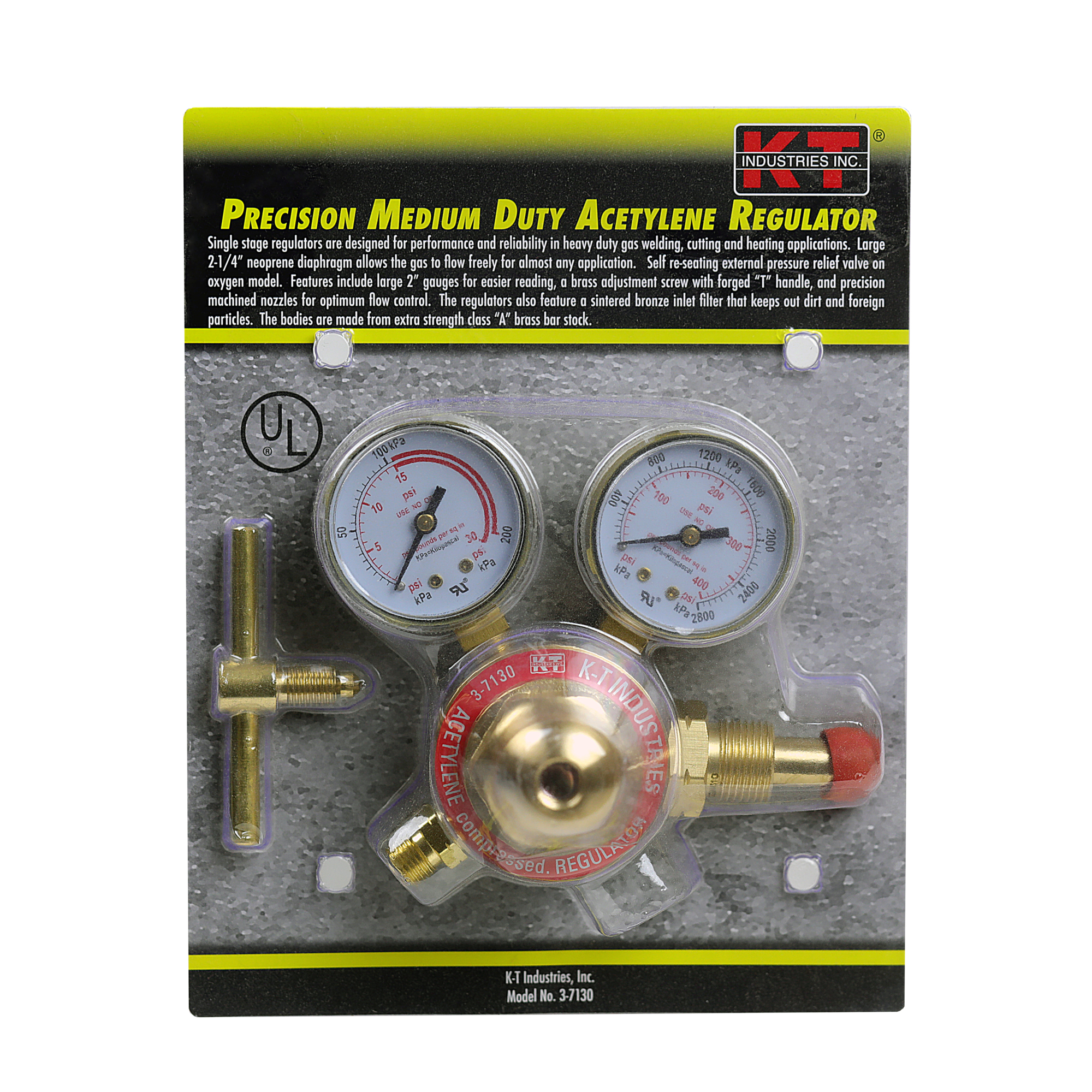 K-T Industries Acetylene Regulator — Single Stage, 2in. Gauges, Brass, Model# 3-7130