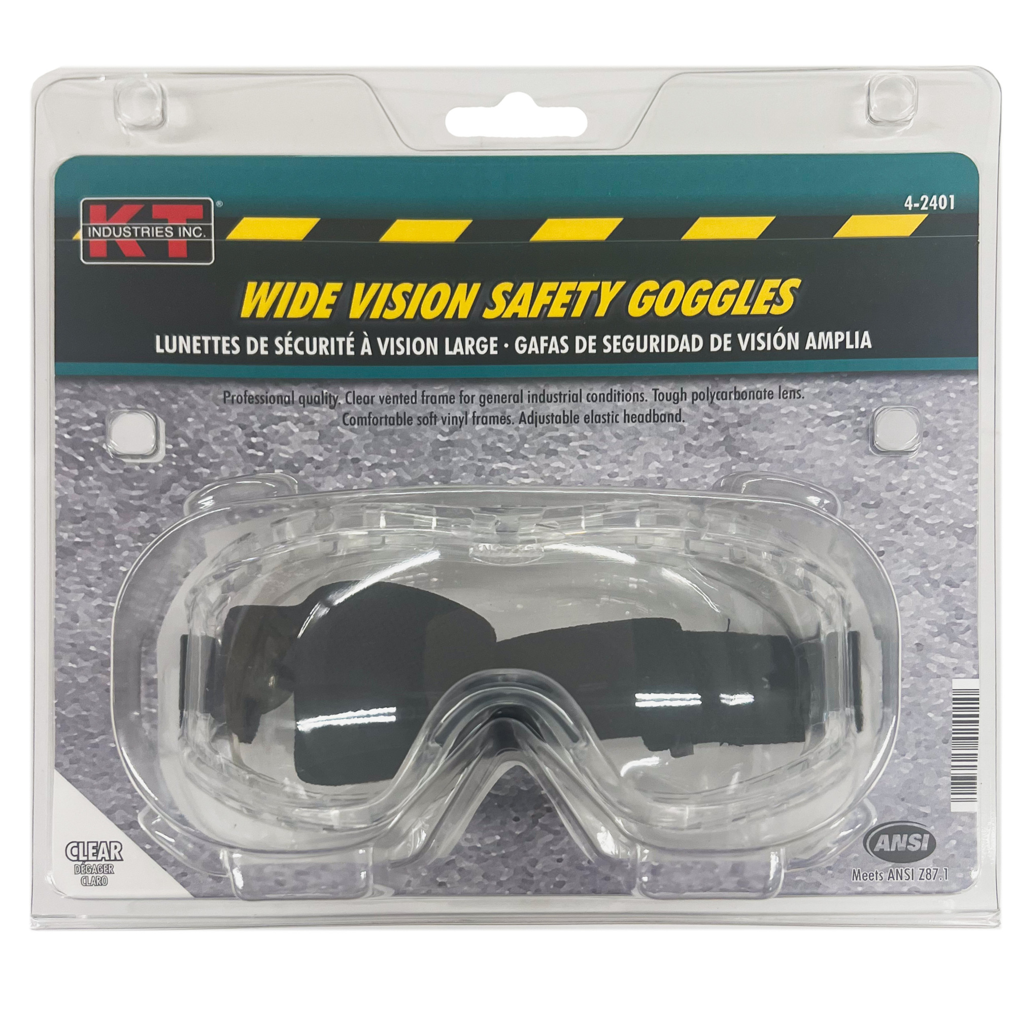 K-T Industries Wide Vision Safety Goggles — Clear Vented Frame, Polycarbonate Lens, Adjustable Headband, Model# 4-2401