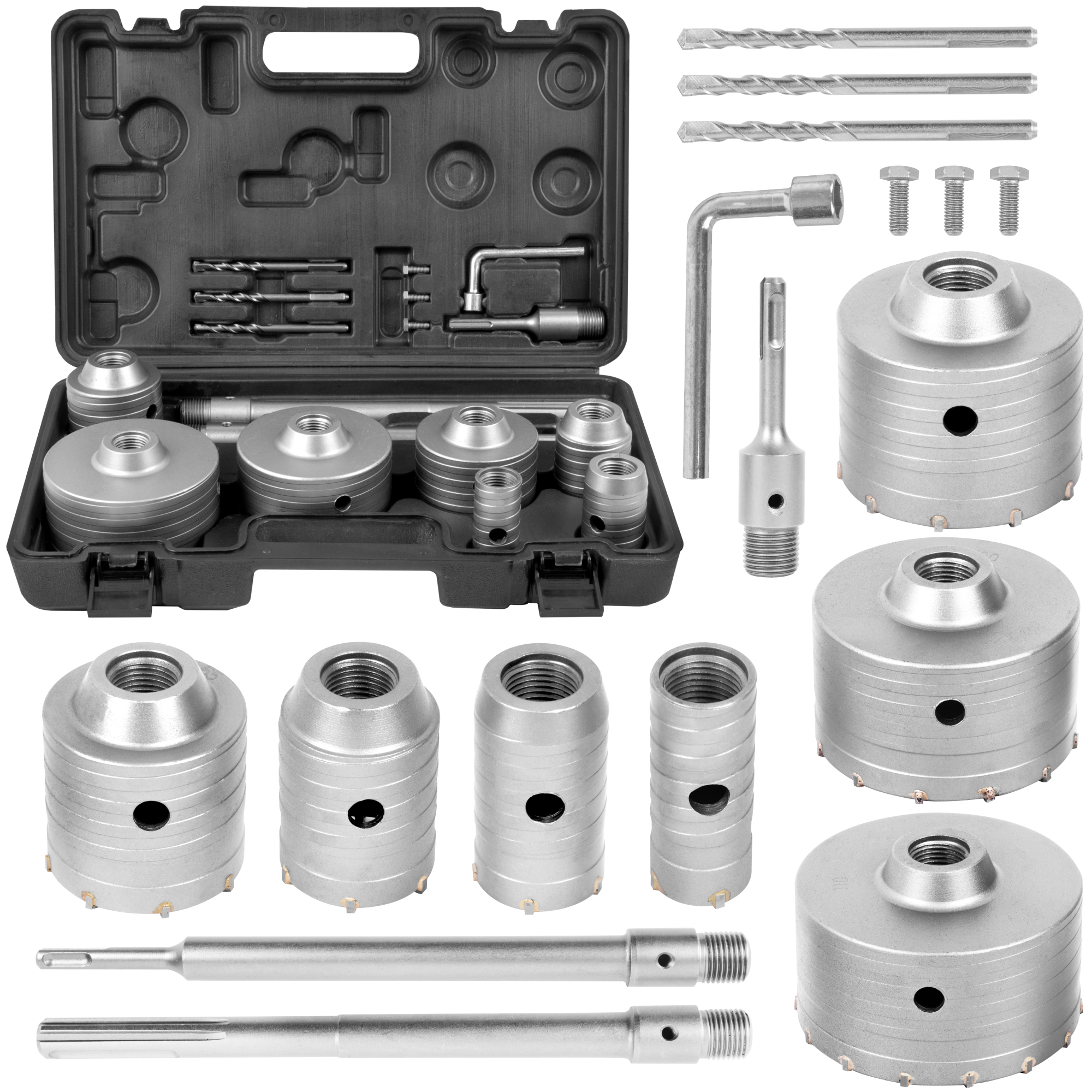 MonoPro Concrete Hole Saw Kit — 17 Pcs, Tungsten Steel and Carbide, SDS Plus & Max Shank, 30mm to 110mm, Model# HS-C17