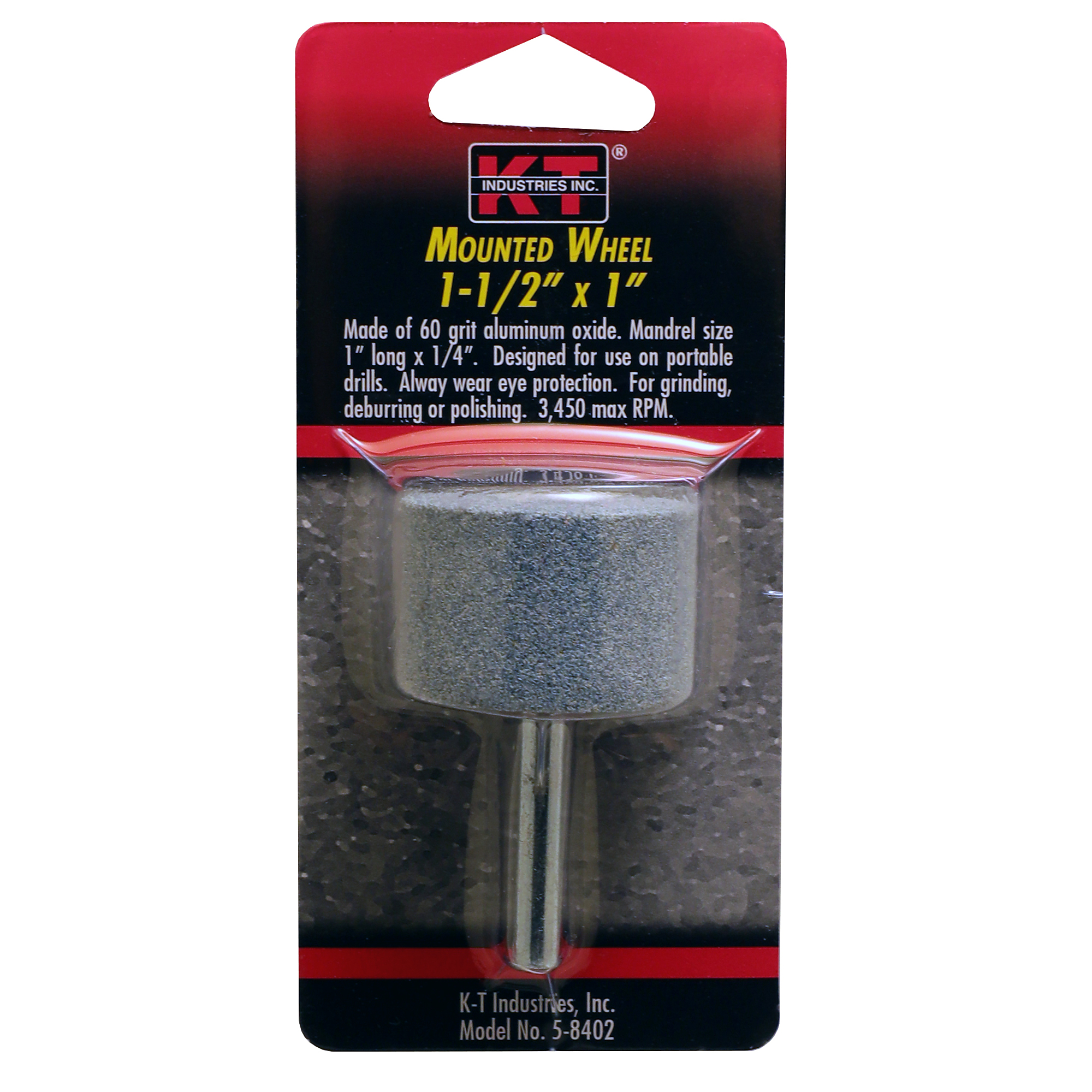 K-T Industries Mounted Wheel — 1.5in. x 1in., 60 Grit, Aluminum Oxide, 1/4in. Shank, Model# 5-8402