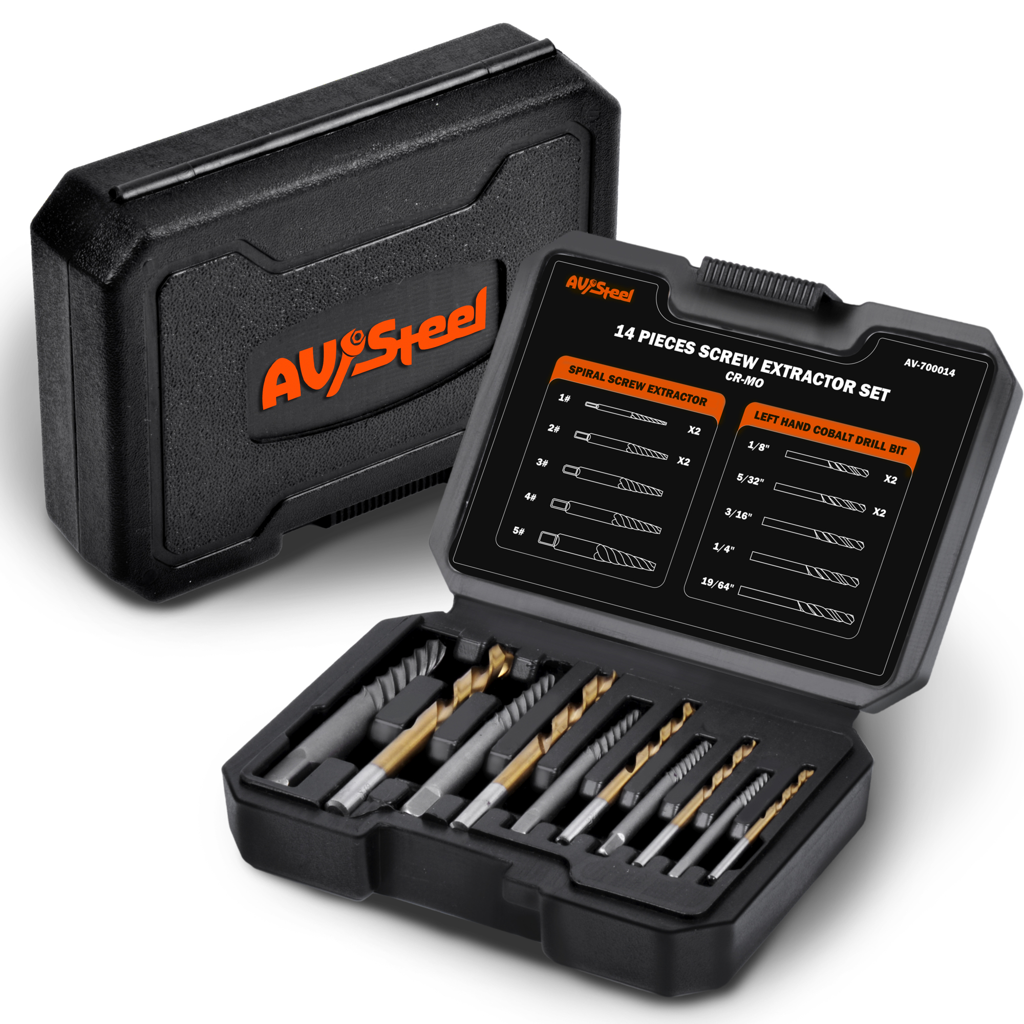 Hand Bit AV Steel Screw Extractor and Left-Hand Drill Bit Set — 14 Pcs, CR-MO ...