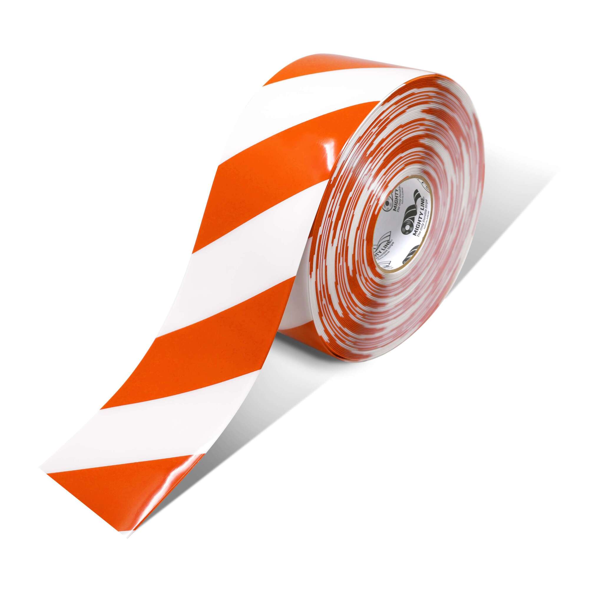 Mighty Line Floor Tape — 4in. Wide, White with Orange Chevrons, 100ft. Roll, 50 Mil Thick Vinyl, Model# 4RWCHVO
