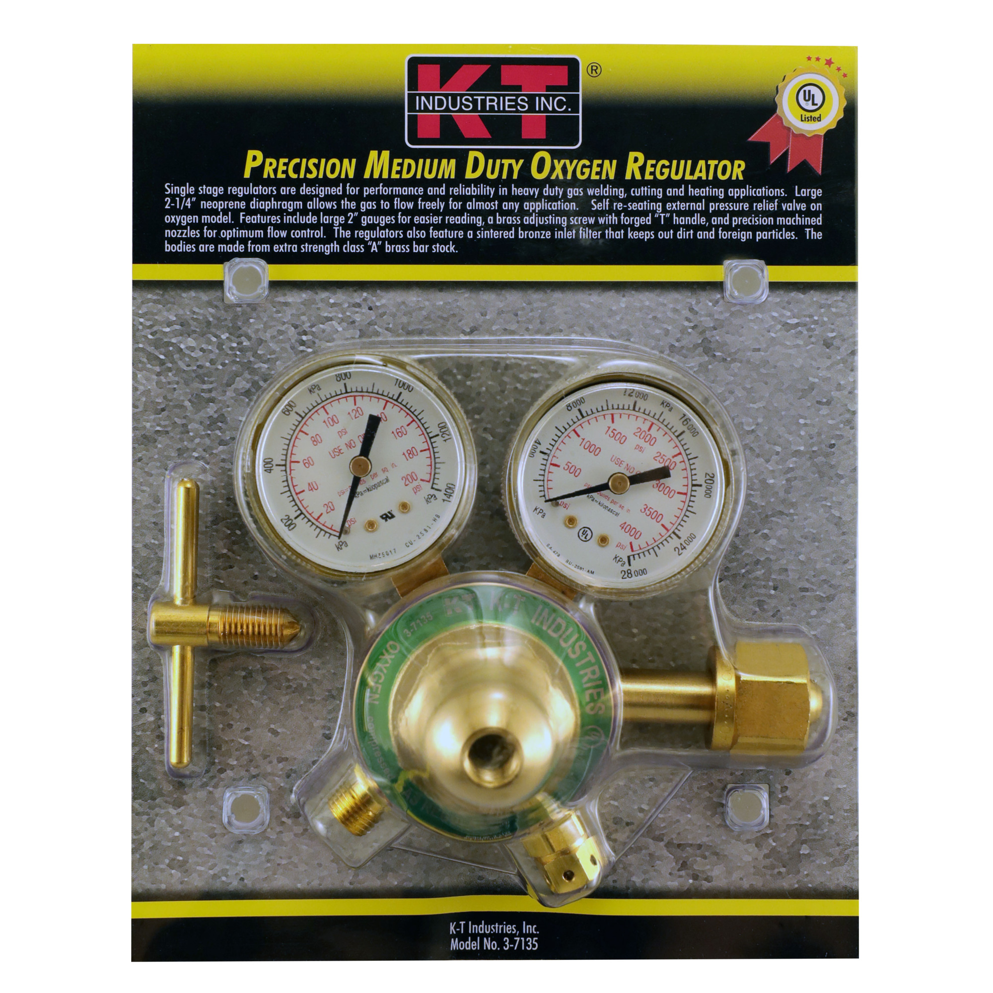K-T Industries Single Stage Oxygen Regulator — 2-3/4in. Diaphragm, 2in. Gauges, Brass, Model# 3-7135