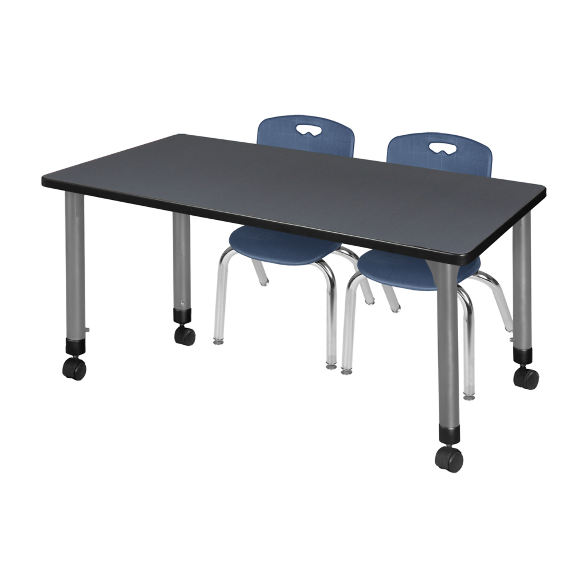 Regency Kee Mobile Adjustable Classroom Table with 2 Andy Stack Chairs — 66in. x 30in., Grey, Navy Blue, Model# MT6630GYAPCGY45NV