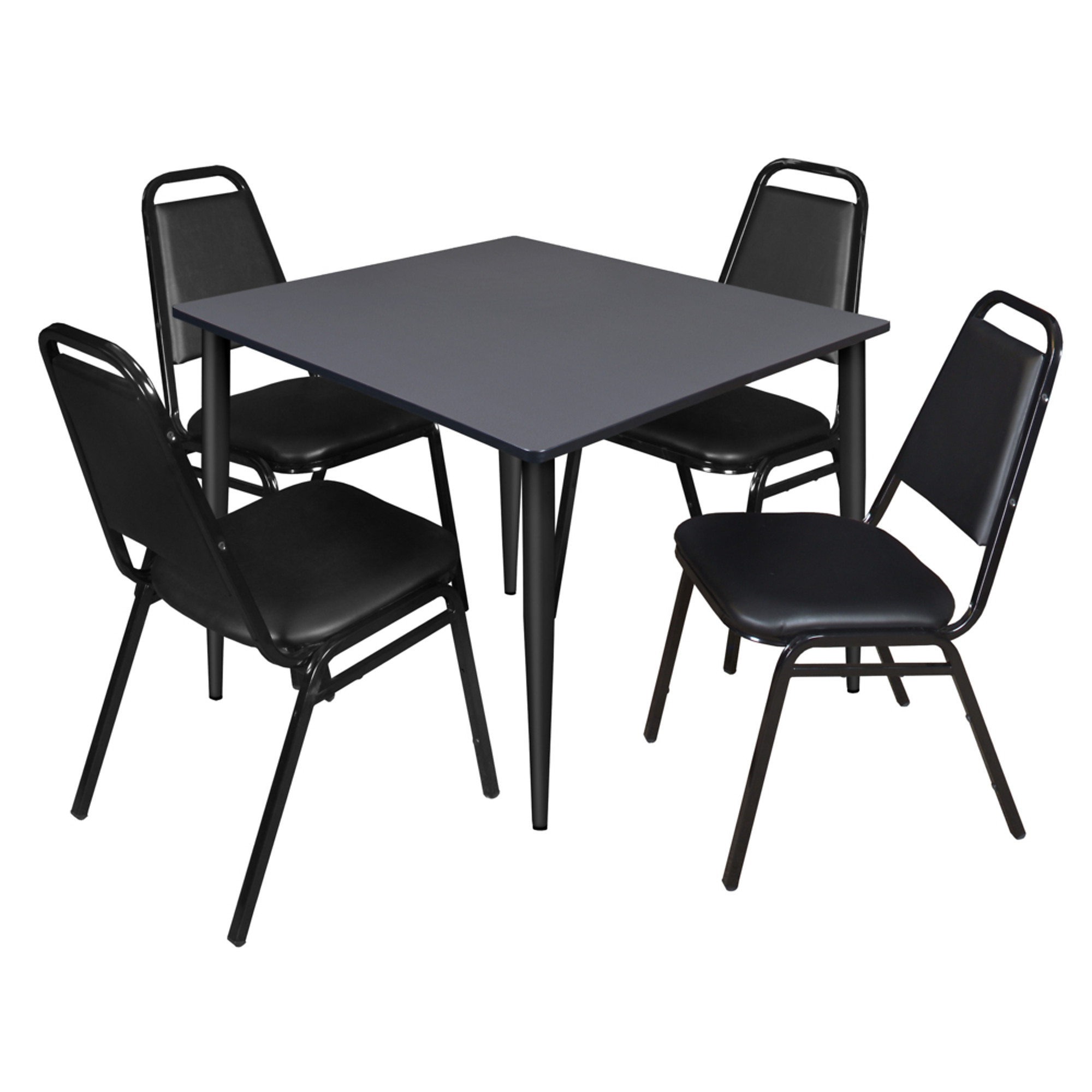 Regency Kahlo Square Breakroom Table Set — 48in., Grey Top, Black Base, Includes 4 Black Restaurant Stack Chairs, Model# TPL4848GYBK29BK