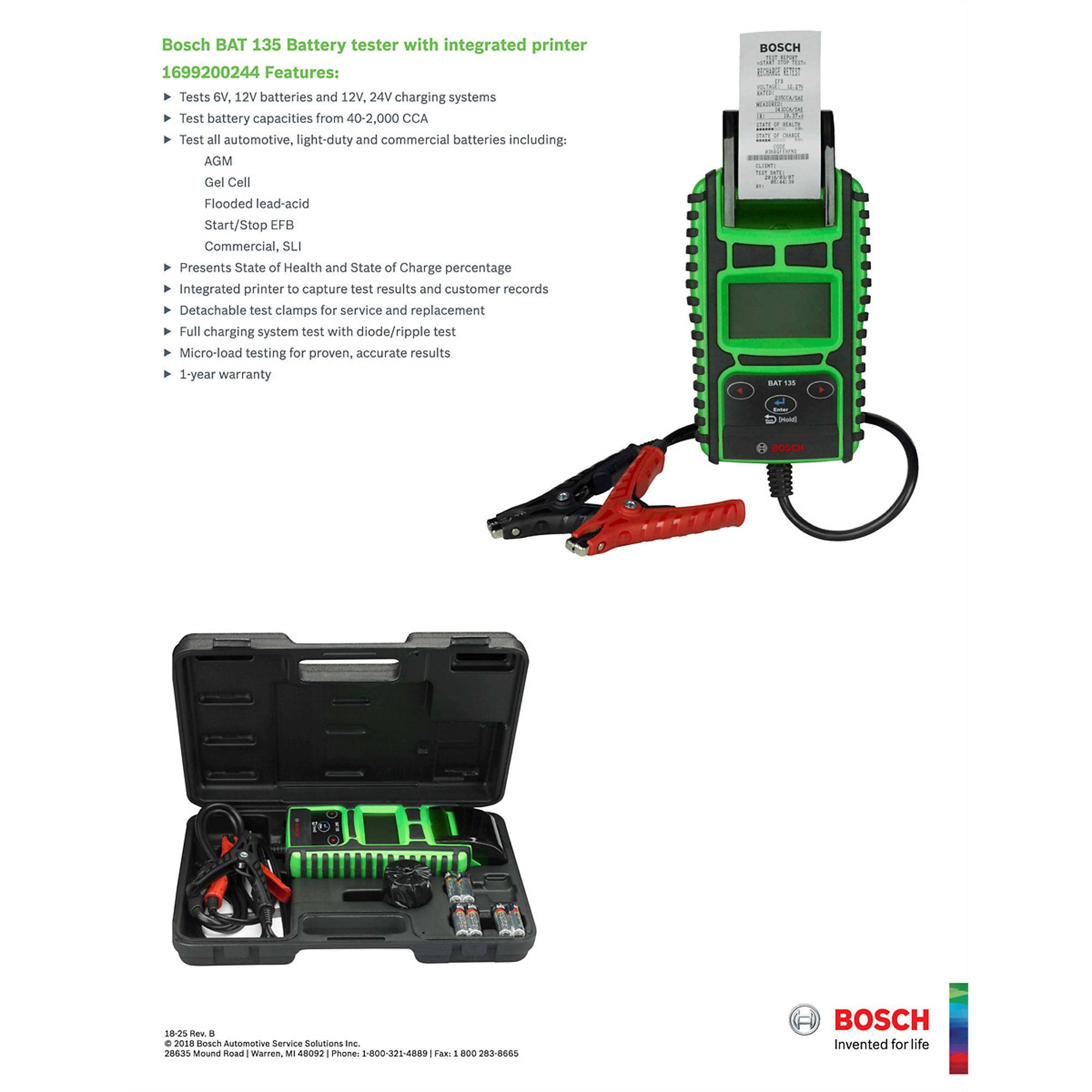 Bosch Battery Tester with Integrated Printer — 6V and 12V, 40-2,000 CCA, 12V and 24V Charging Systems, Model# BOS1699200244