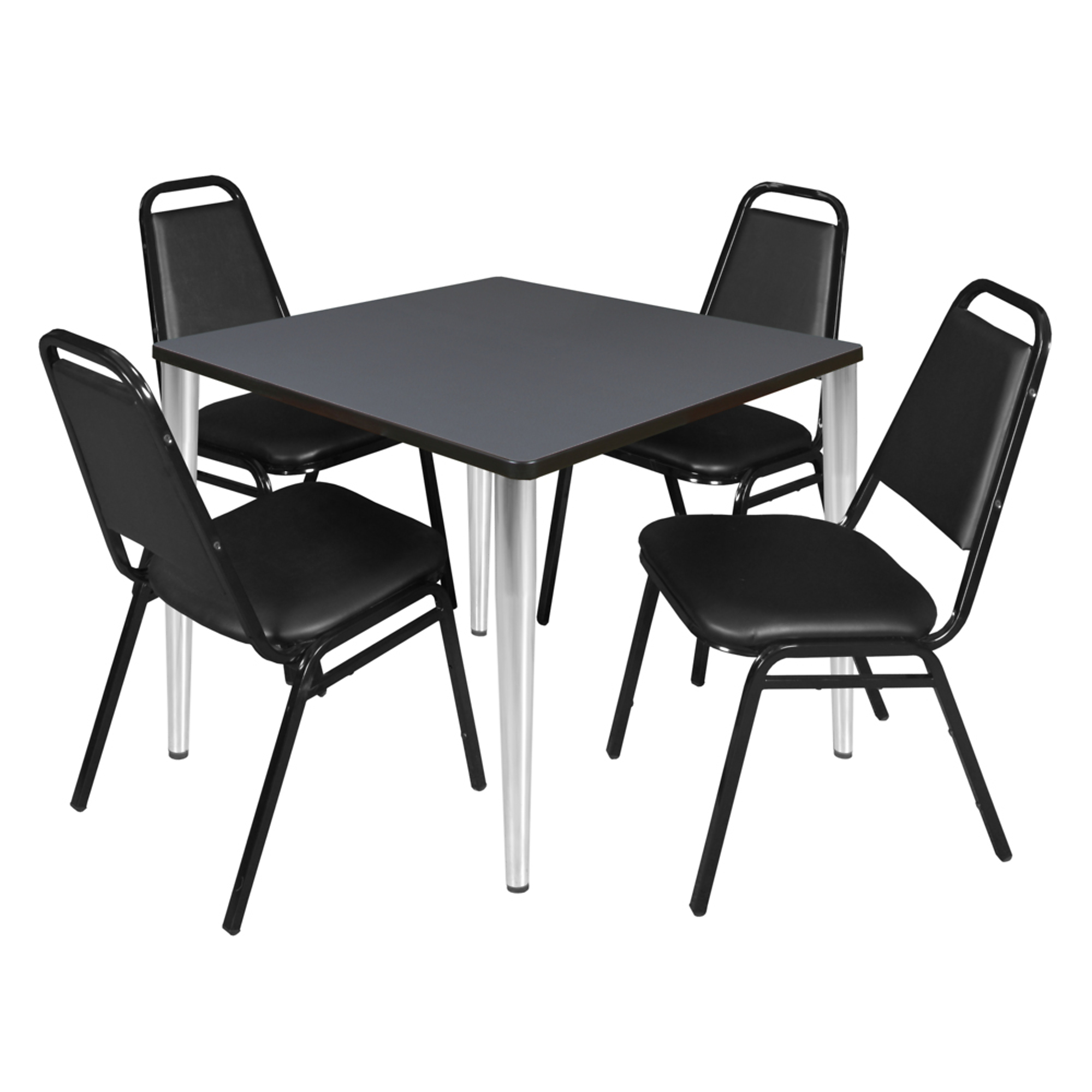 Regency Kahlo Breakroom Table with 4 Restaurant Stack Chairs — 36in. Square, Grey Top, Chrome Base, Black Chairs, Model# TPL3636GYCM29BK