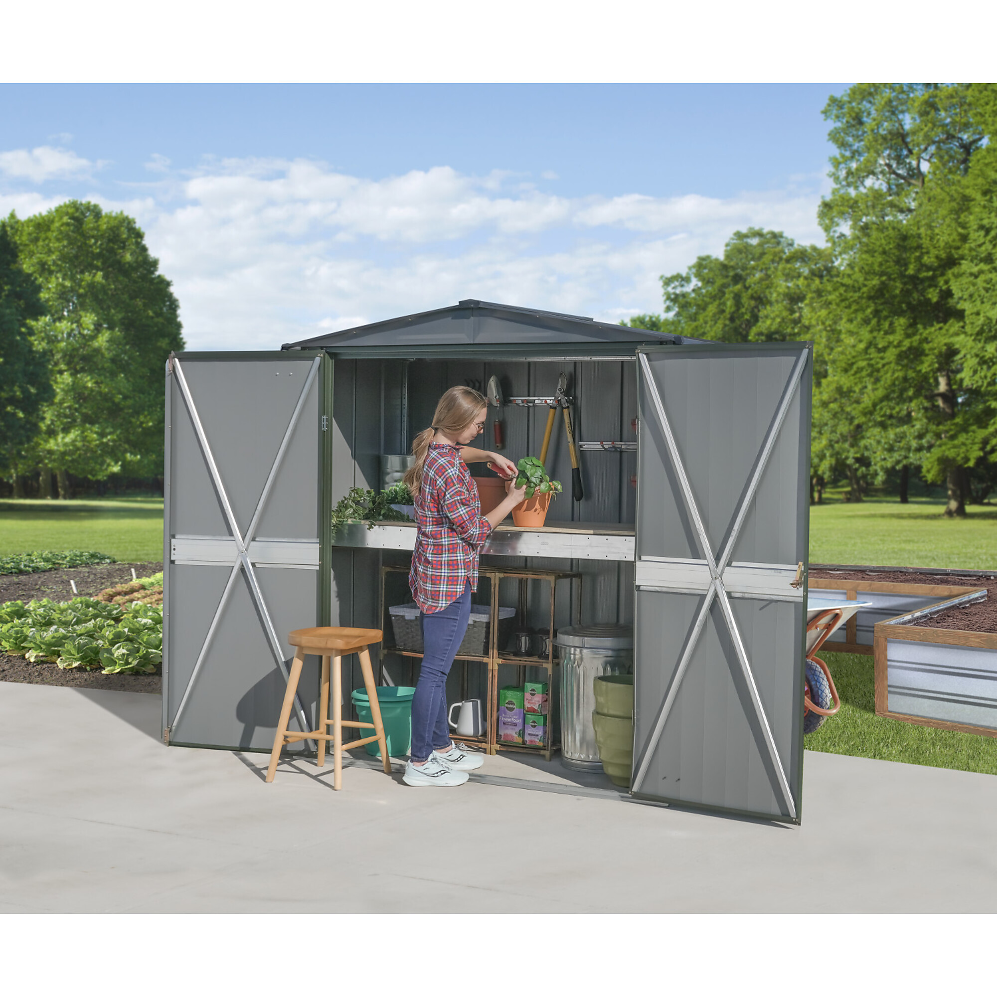 Scotts Outdoor Potting Shed — 6ft. x 3ft., Galvanized Steel, Hanging Tool Rack, Vintage Green/Anthracite, Model# STTPS63AT