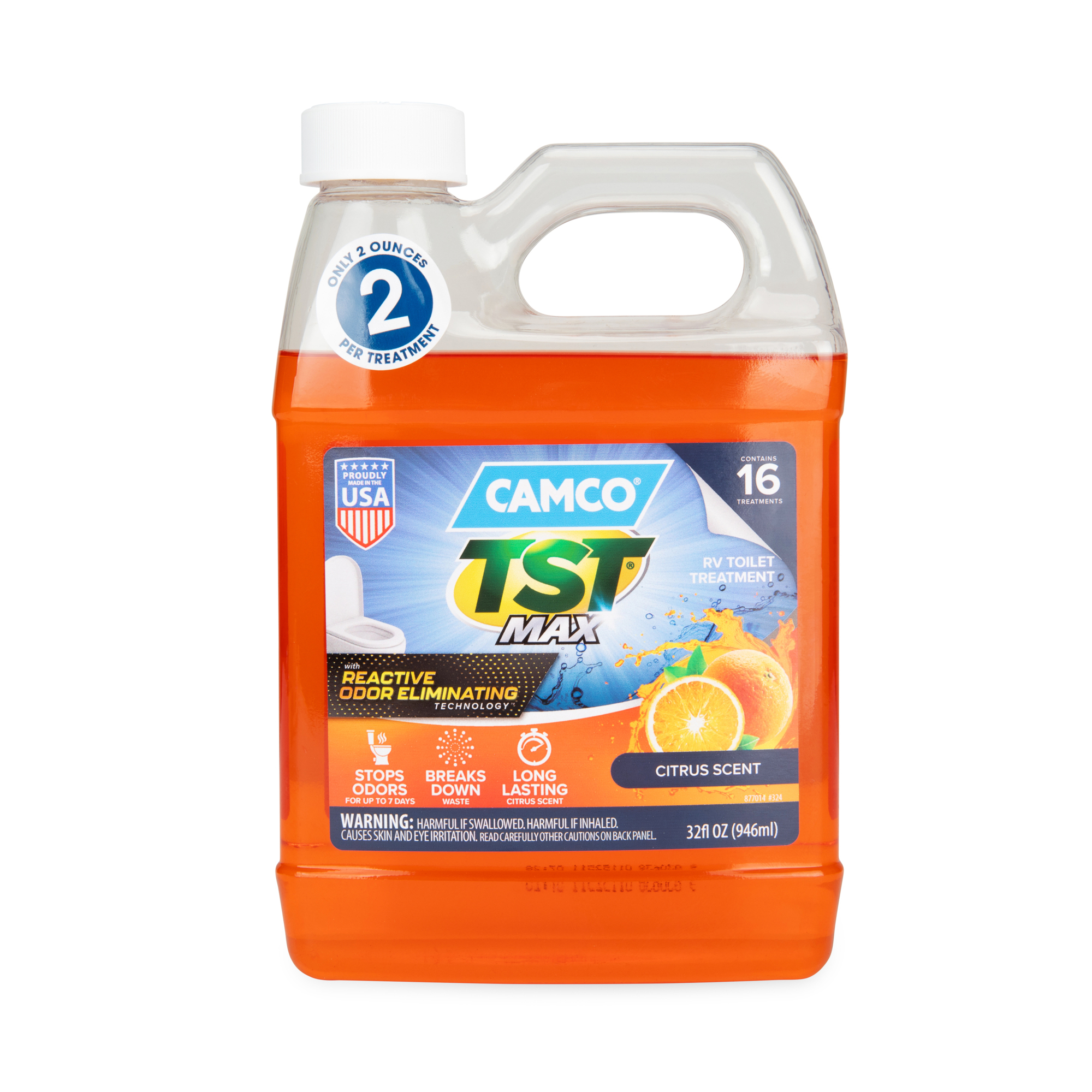 Camco TST MAX Marine/RV Toilet Treatment — Control Unwanted Odors & Break Down Waste and Tissue — Septic Tank Safe — Long-Lasting Citrus Scent — 32 oz