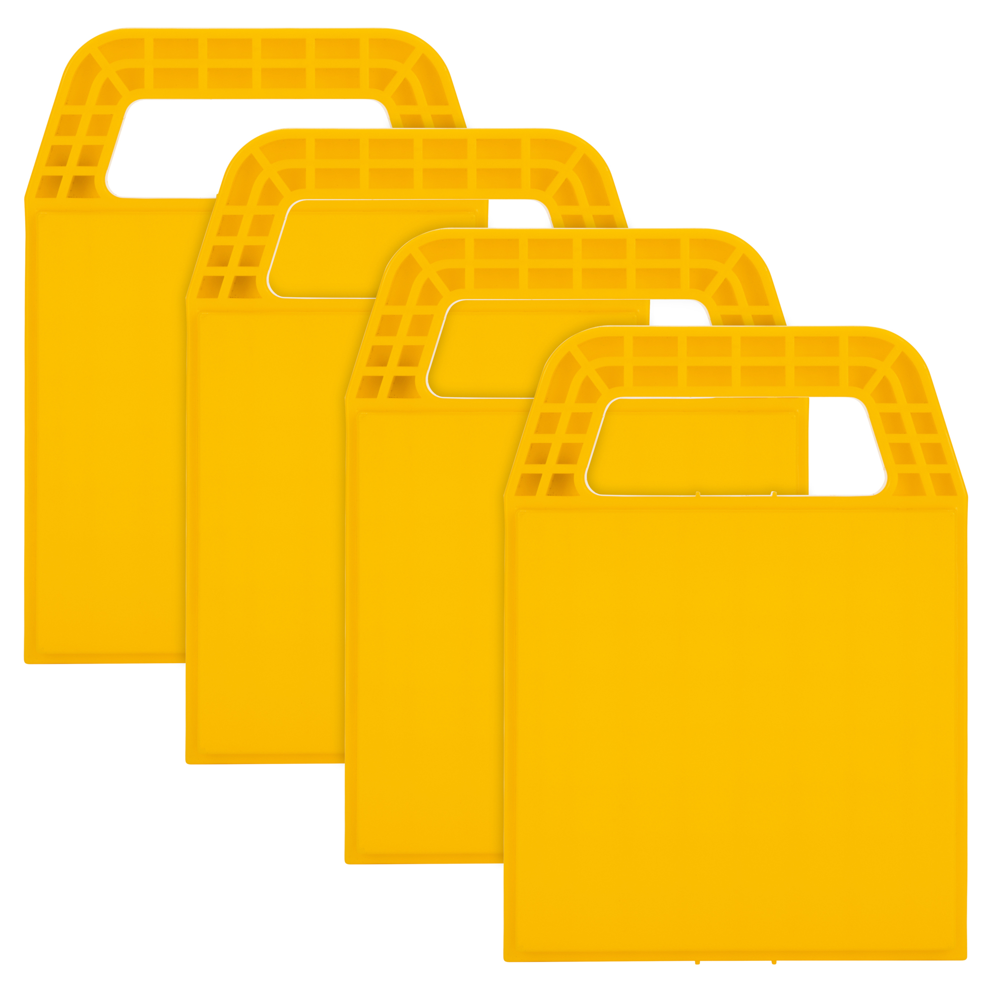 Camco RV Stabilizer Jack Pads — 6 3/16" x 6 3/16" Support Area — Resin Pads Keep Jacks from Sinking into the Ground — Interlocking Design with Handy Storage Strap — 4-Pack — Yellow — Made in the USA