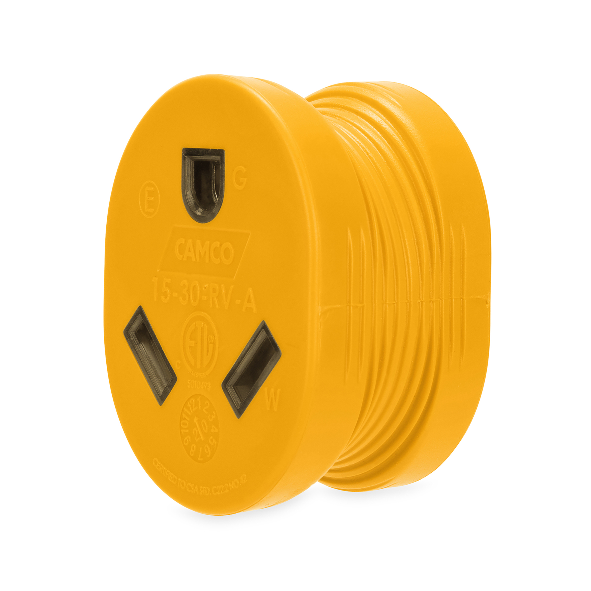 Camco Power Grip RV Electrical Adapter, 15-Amp Male to 30-Amp Female, 14/3-Gauge Wires, Rated for 125V/1875W, Space-Saving Design
