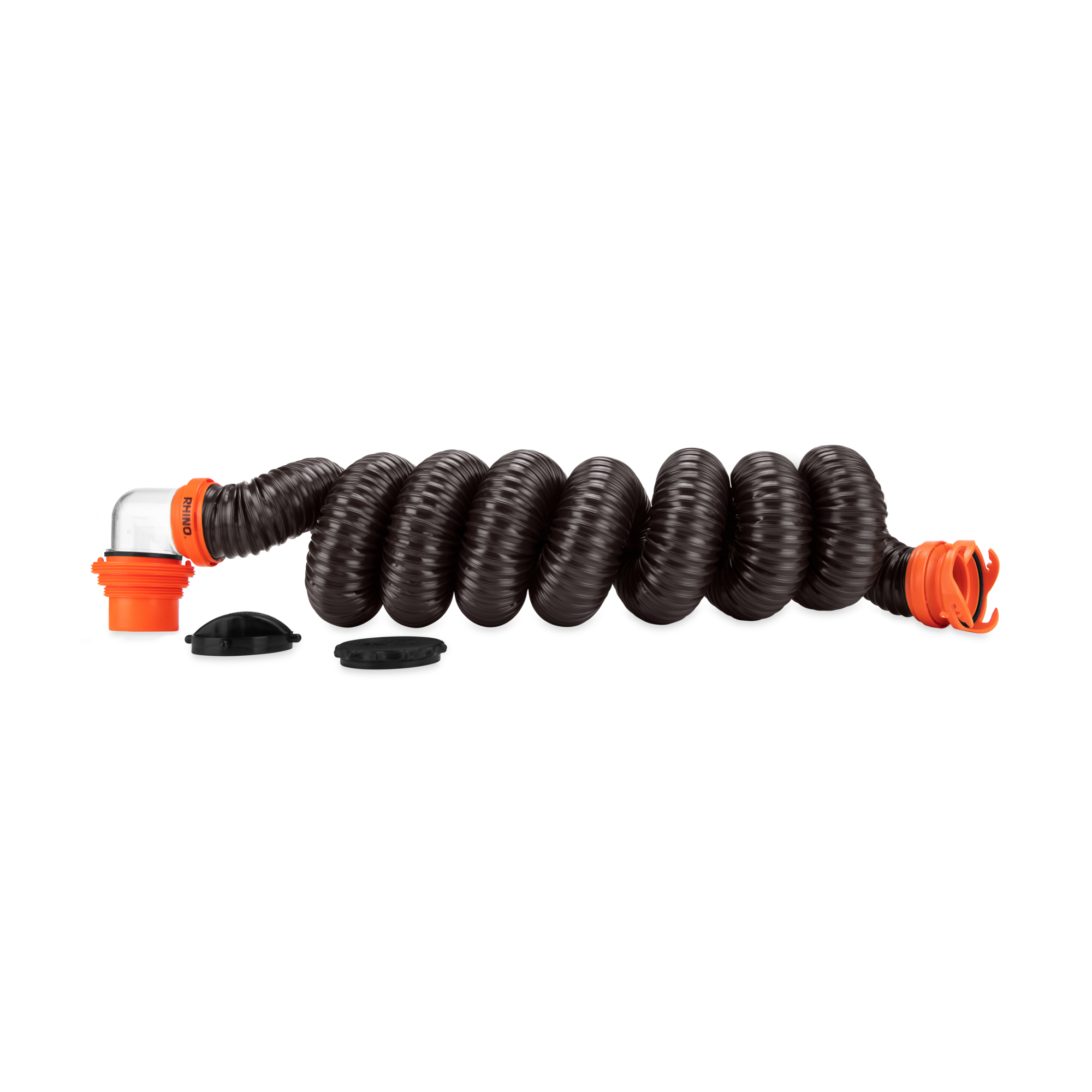 Camco RhinoFLEX 15' Camper/RV Sewer Hose Kit with 4-in-1 Adapter & Clear Elbow, Includes Caps for Convenient Storage, Fits 3? Slip & NPT Threaded Sewer Connections