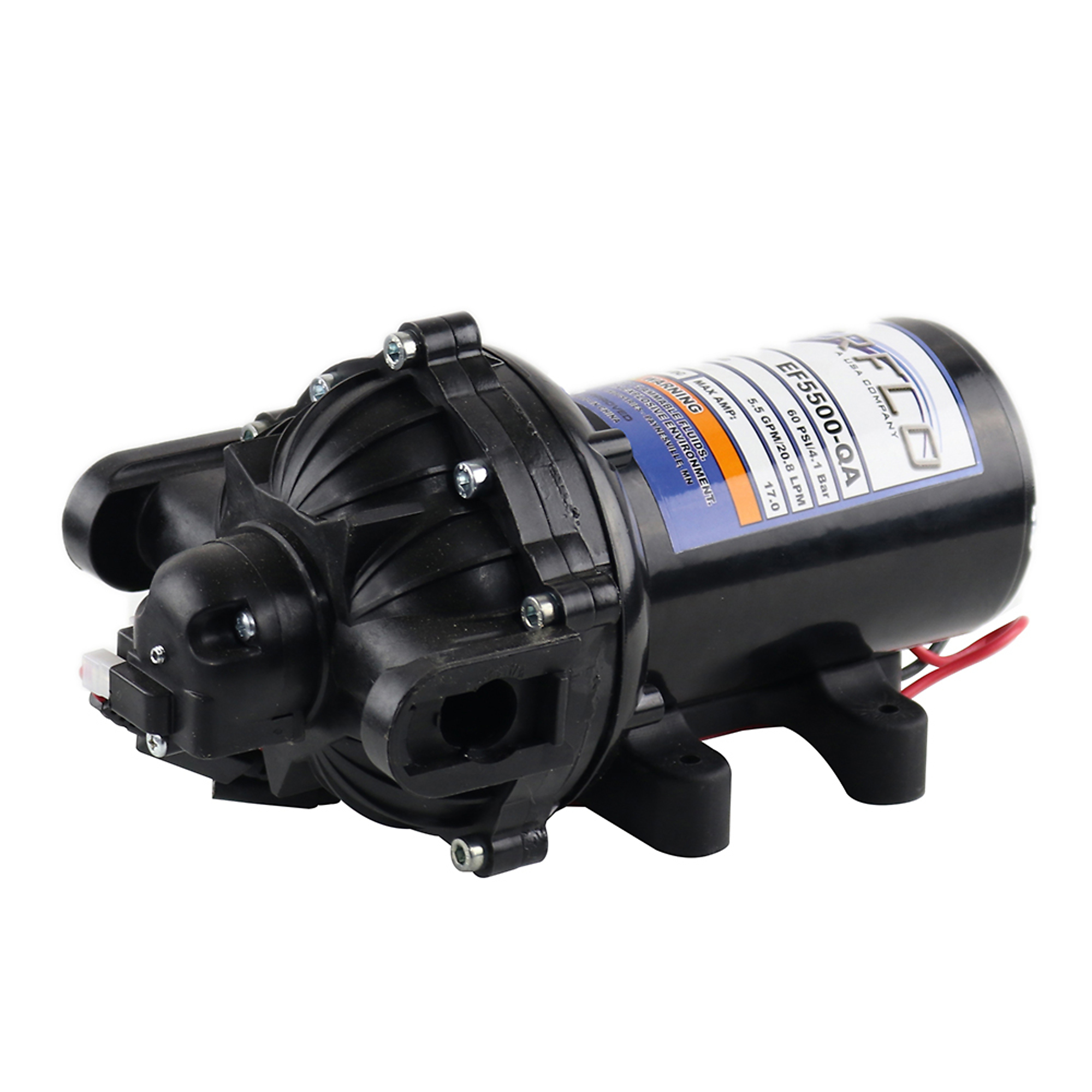 Everflo 12V On-Demand Diaphragm Pump - 5.5GPM, 60 PSI Max, 3/4" QA Ports, Model# EF5500-QA-BOX