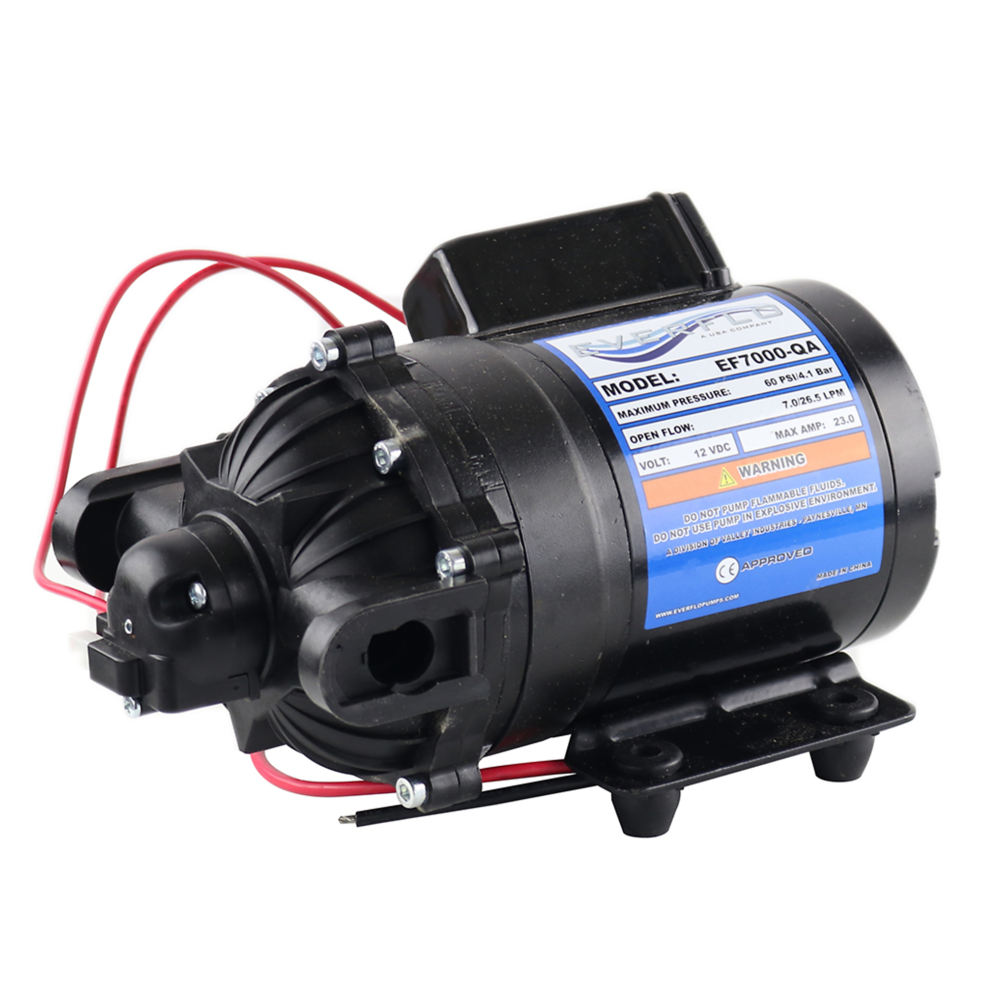 Everflo 12V On-Demand Diaphragm Pump - 7.0GPM, 60 PSI Max, 3/4" QA Ports, Model# EF7000-QA-BOX