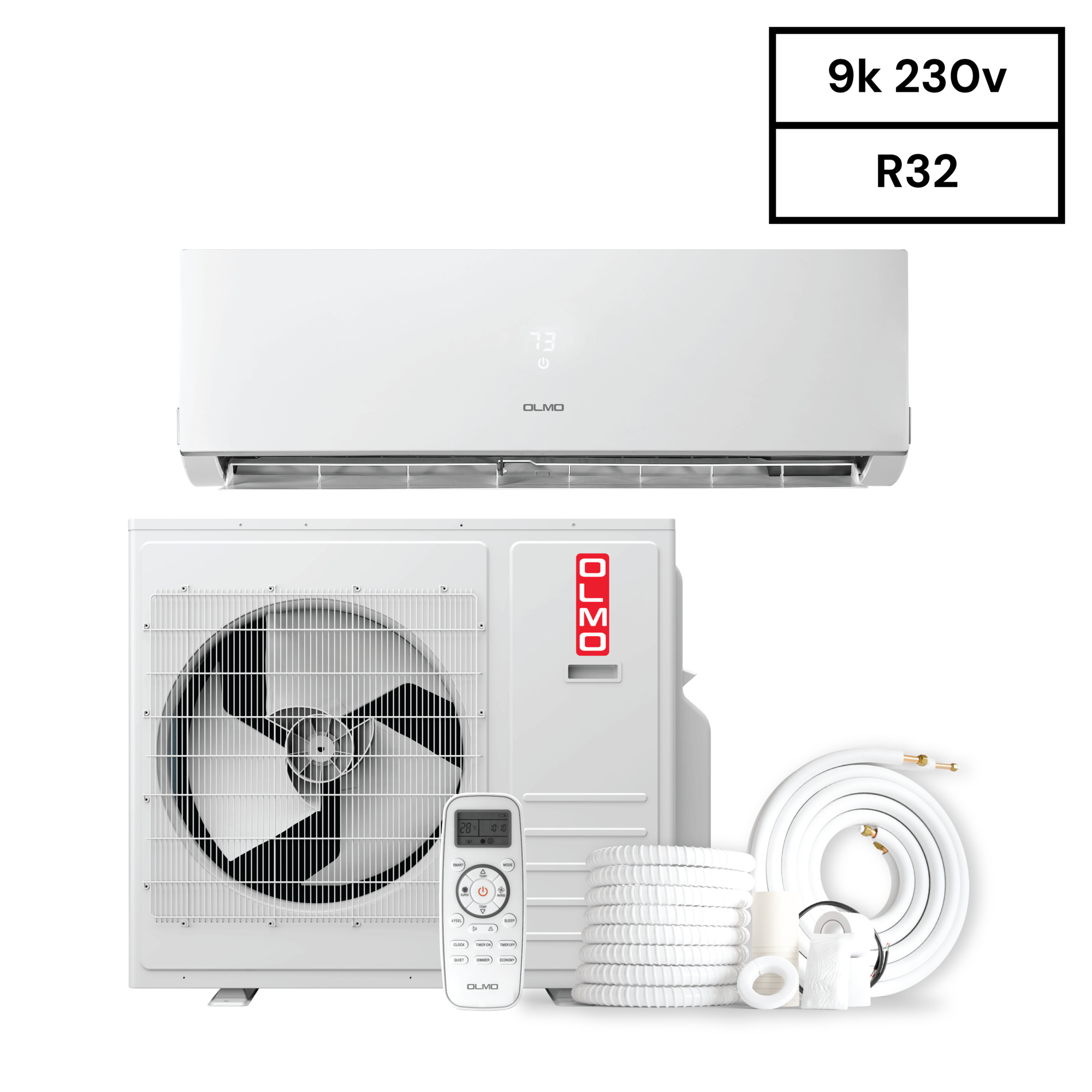 OLMO Sierra R32 Mini Split — 9,000 BTU, 230V, Single Zone, High-Wall Heat Pump and AC, 22.5 SEER, Wi-Fi Enabled, 16ft. Install Kit, Model# OS-09SRW-230VI + OS-SR09-230VO