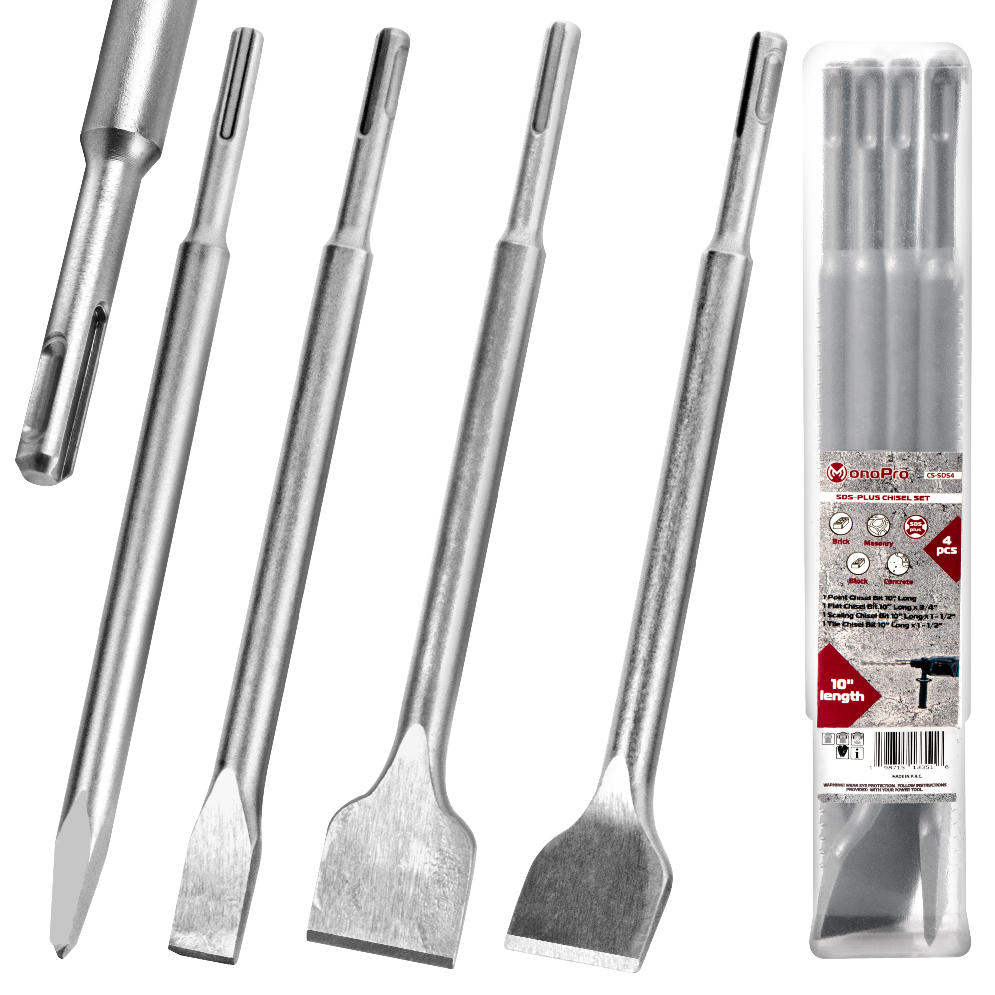 MonoPro SDS Plus Chisel Set for Rotary Hammer Drills — 4 Pcs, 40Cr Alloy Steel, High Hardness, Wear-Resistant, Model# CS-SDS4