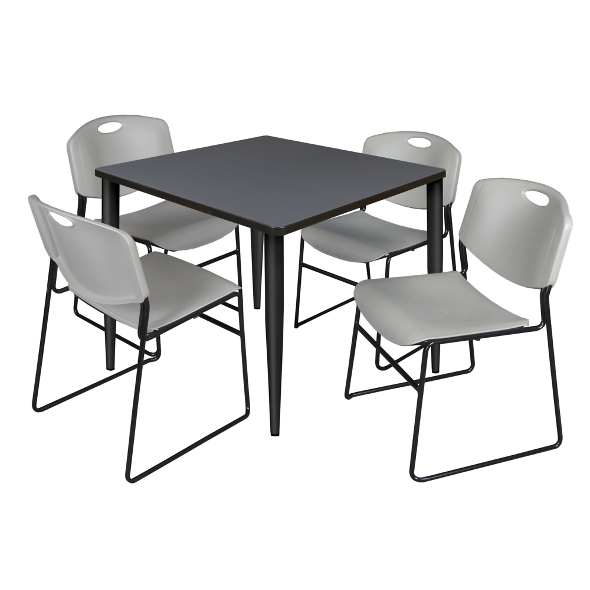 Regency Kahlo Breakroom Table and Zeng Stack Chairs Set — 36in. Square, Grey Top, Black Base, 4 Chairs, Model# TPL3636GYBK44GY