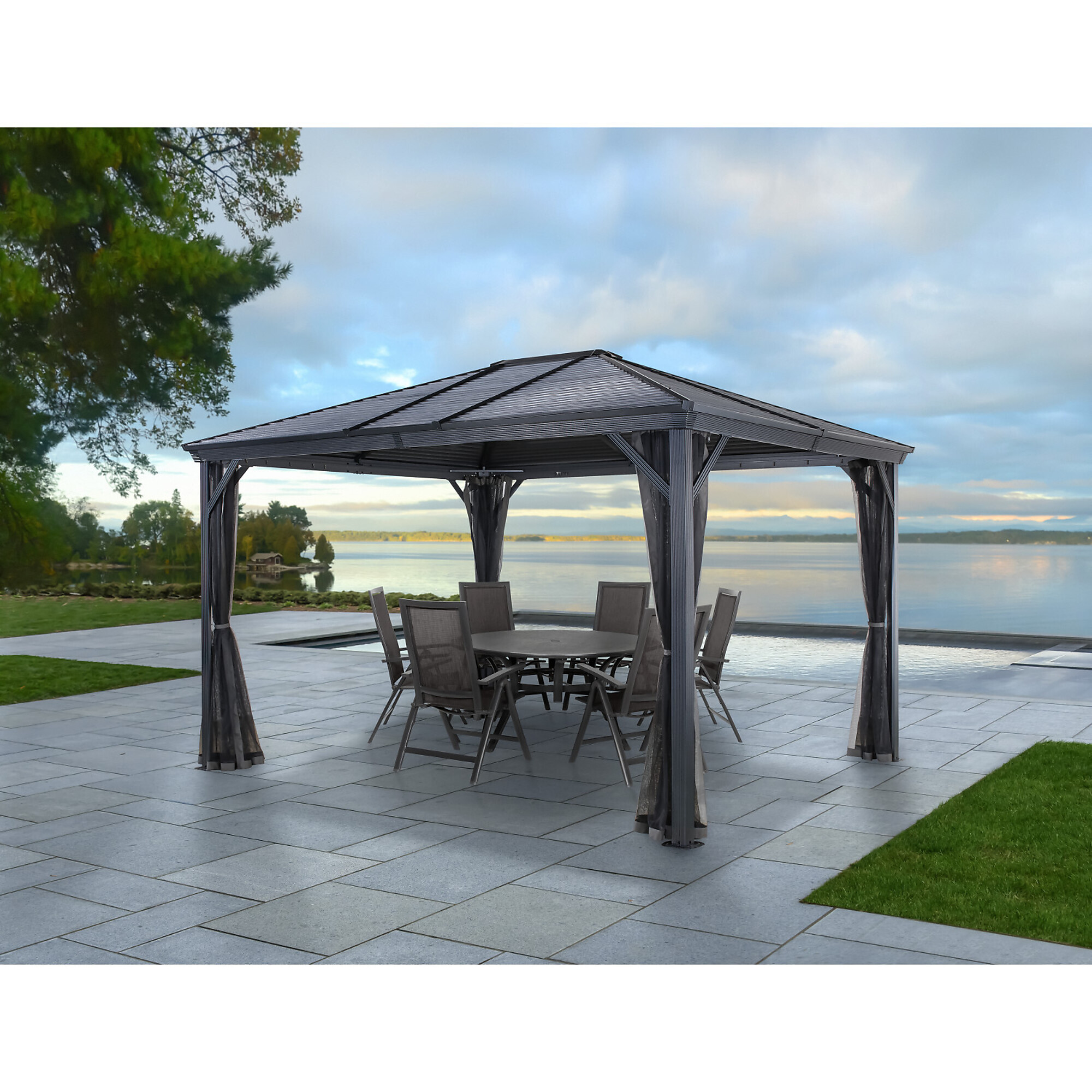 Sojag Ventura Hardtop Gazebo Sun Shelter — 10ft. x 12ft., Dark Grey, Galvanized Steel Roof, Mosquito Netting, Model# 500-9165142