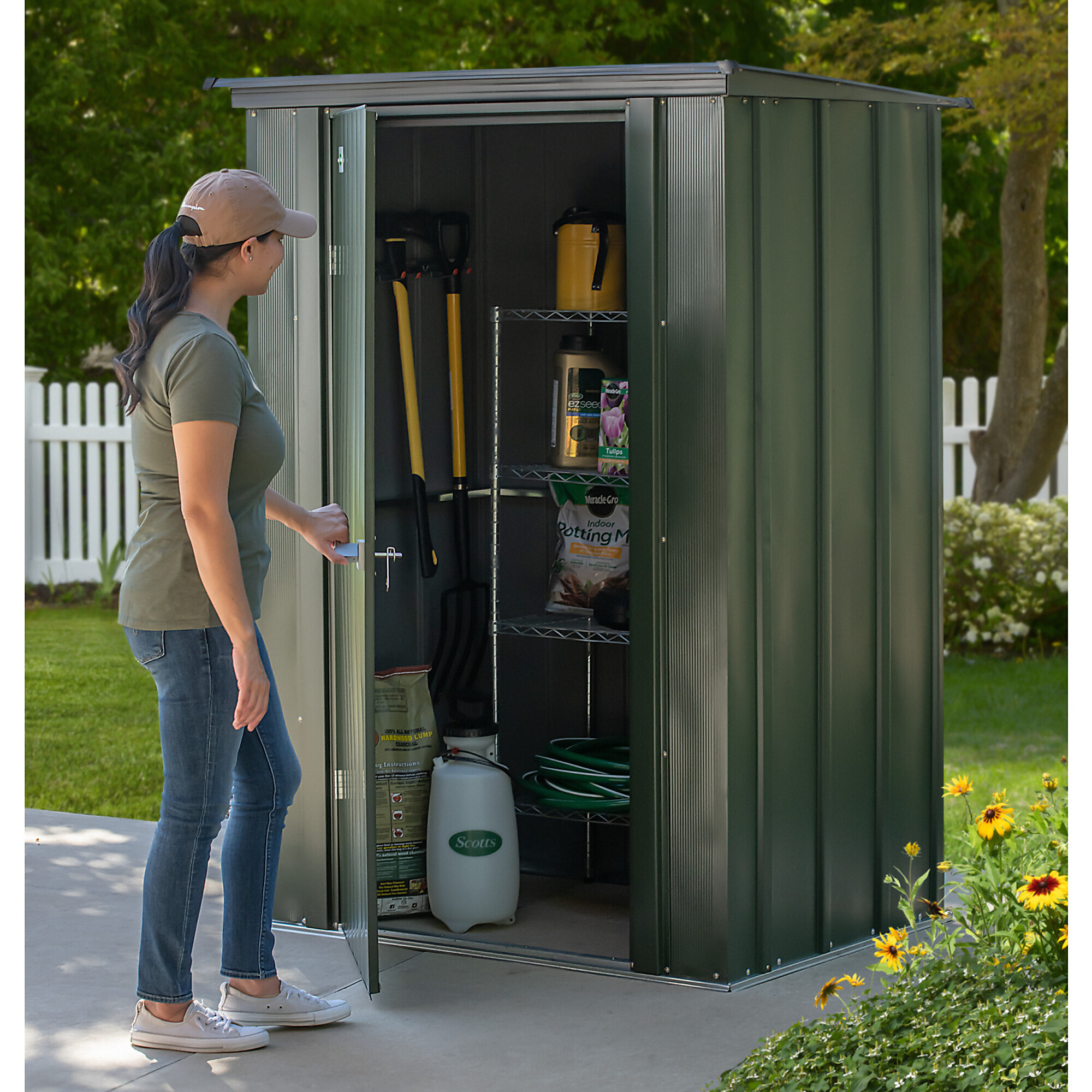 Scotts Outdoor Potting Shed — 4ft. x 3ft., Galvanized Steel, Hanging Tool Rack, Tabletop Surface, Vintage Green/Anthracite, Model# STTPS43AT