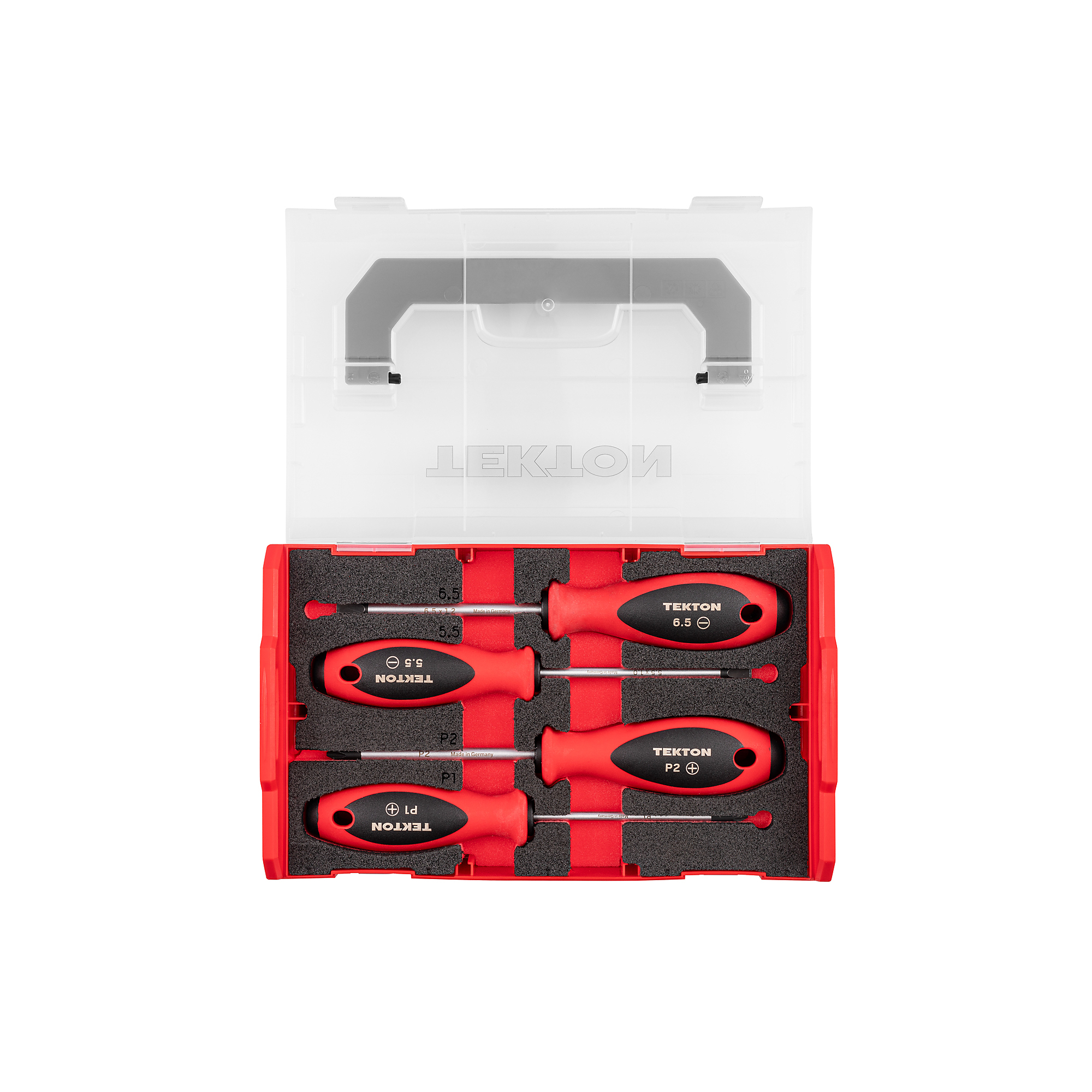 TEKTON Phillips and Slotted Screwdriver Set with Mini Stacking Tool Box - 4 Inch Shanks, 4-Piece (#1 - #2, 5.5 - 6.5 mm) | DWZ90604