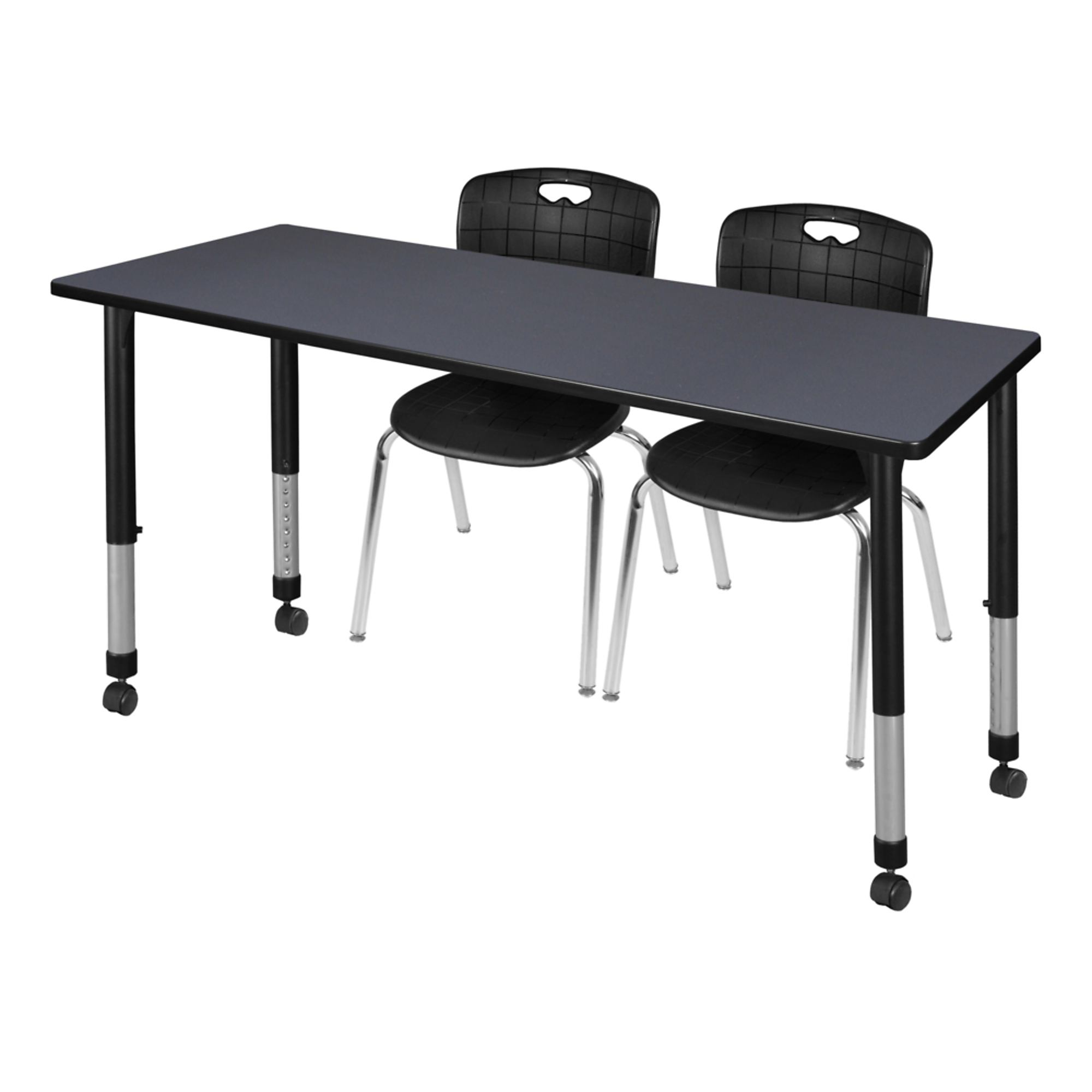 Regency Kee Mobile Adjustable Classroom Table — 66in. x 30in., Grey/Mahogany, with 2 Andy 18in. Stack Chairs, Model# MT6630GYAPCBK40BK