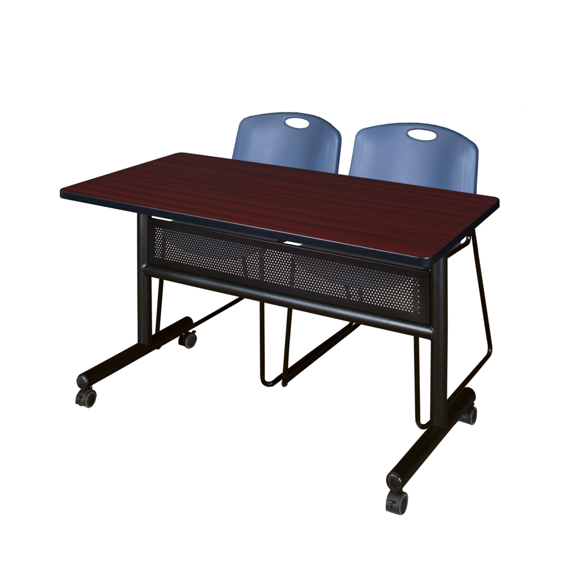 Regency Kobe Flip-Top Nesting Table with Privacy Panel and 2 Zeng Stack Chairs — 48in. x 24in., Mahogany/Grey, Blue, Model# MKFTM4824MH44BE
