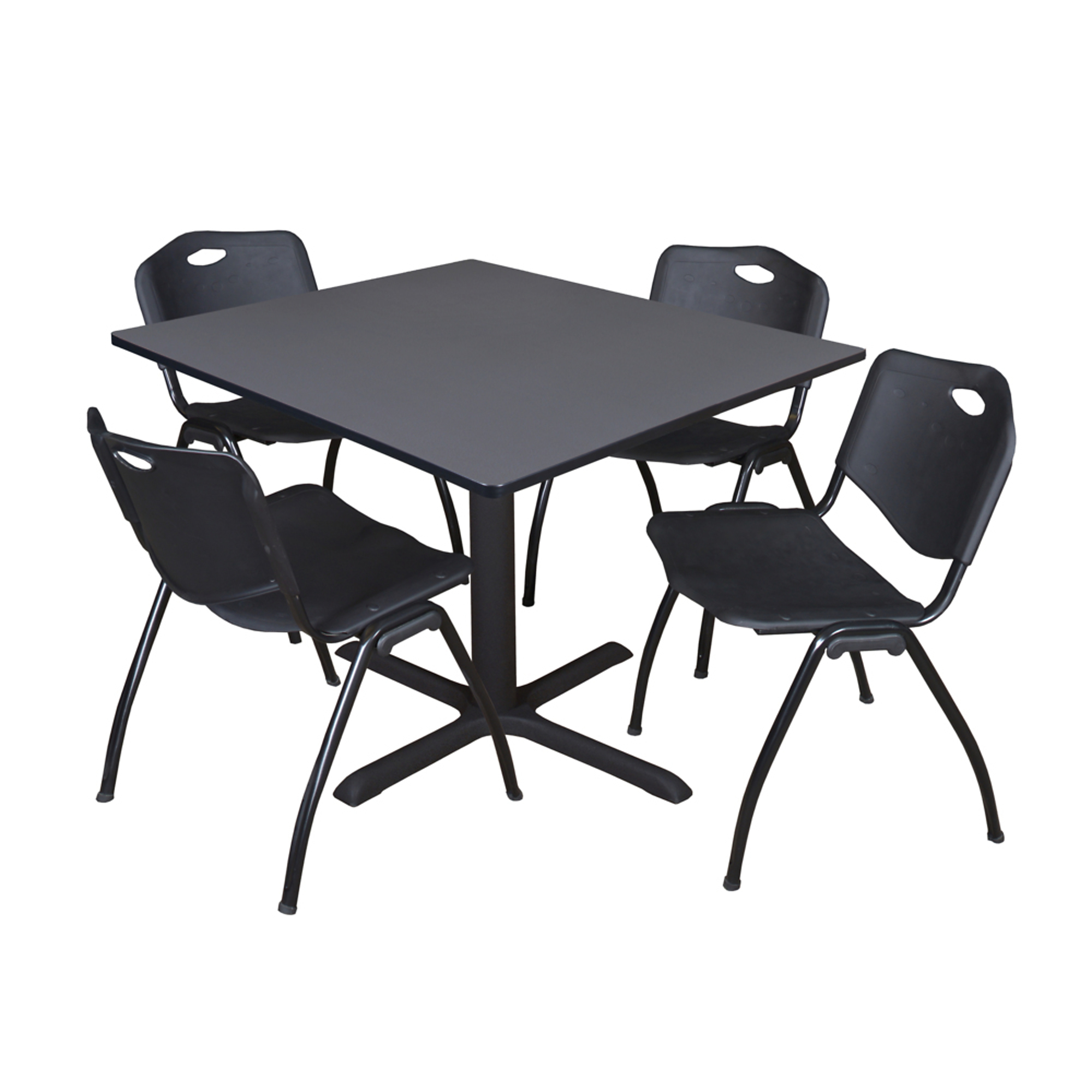 Regency Furniture Cain Square X-Base Breakroom Table with 4 M Stack Chairs — 48in., Grey, Black, Model# TB4848GY47BK