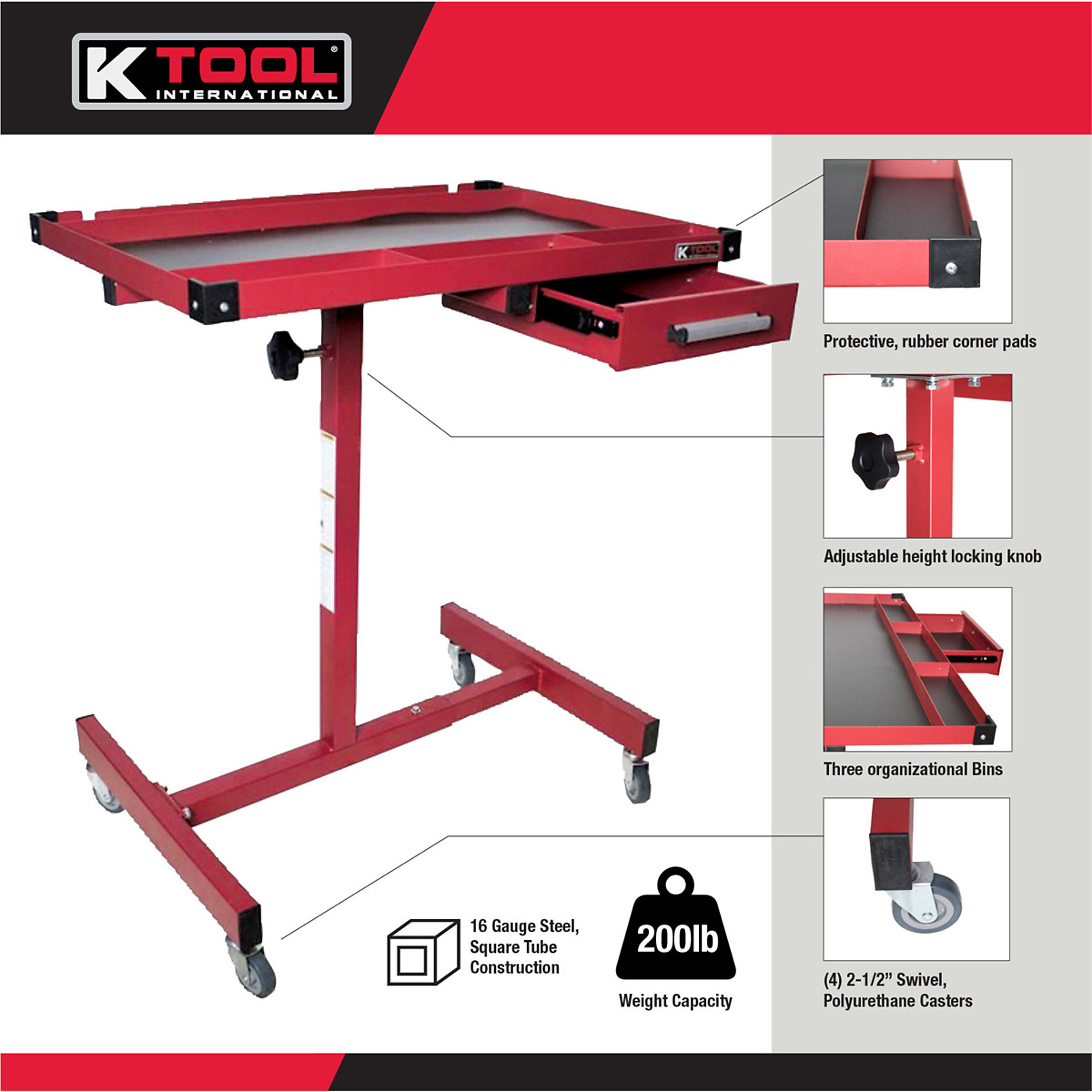 K Tool International Work Table 30 Inch Adjustable (Matte Red ...