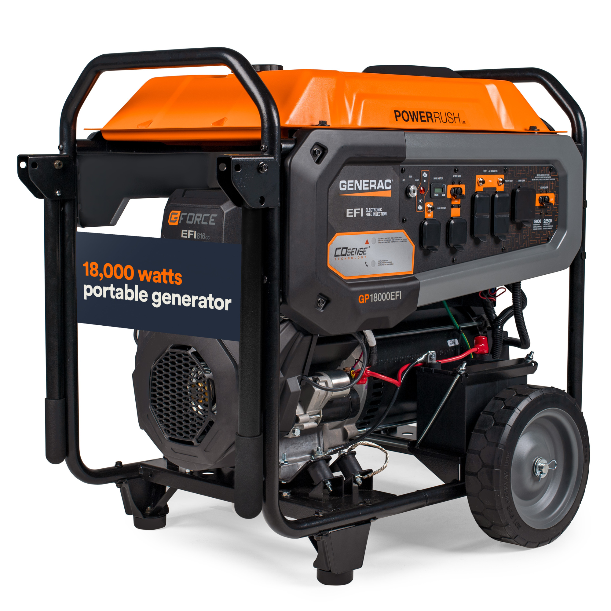 Generac 8917 GP18000EFI 22500 / 18000 Watt Electric Start Gas Powered Portable Generator w/ COSense and GFCI Covered Outlets, Wheel and Handle Kit Included, 49ST