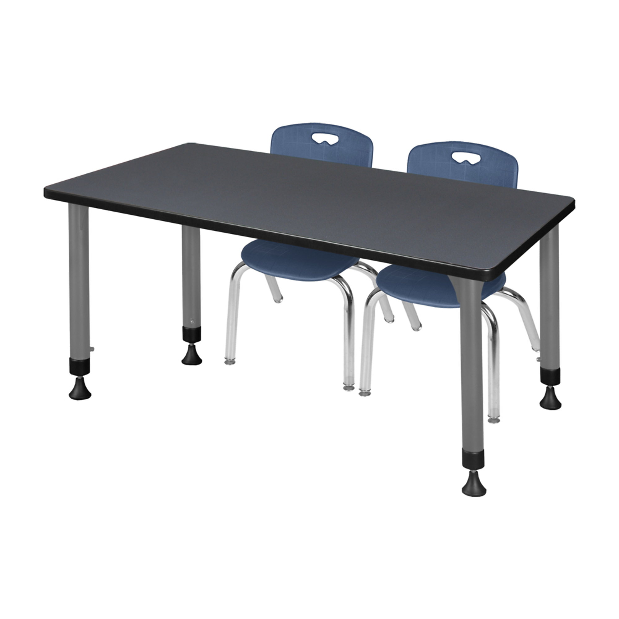 Regency Kee Adjustable Classroom Table with 2 Andy Stack Chairs — 66in. x 24in., Grey, Navy Blue, Model# MT6624GYAPGY45NV